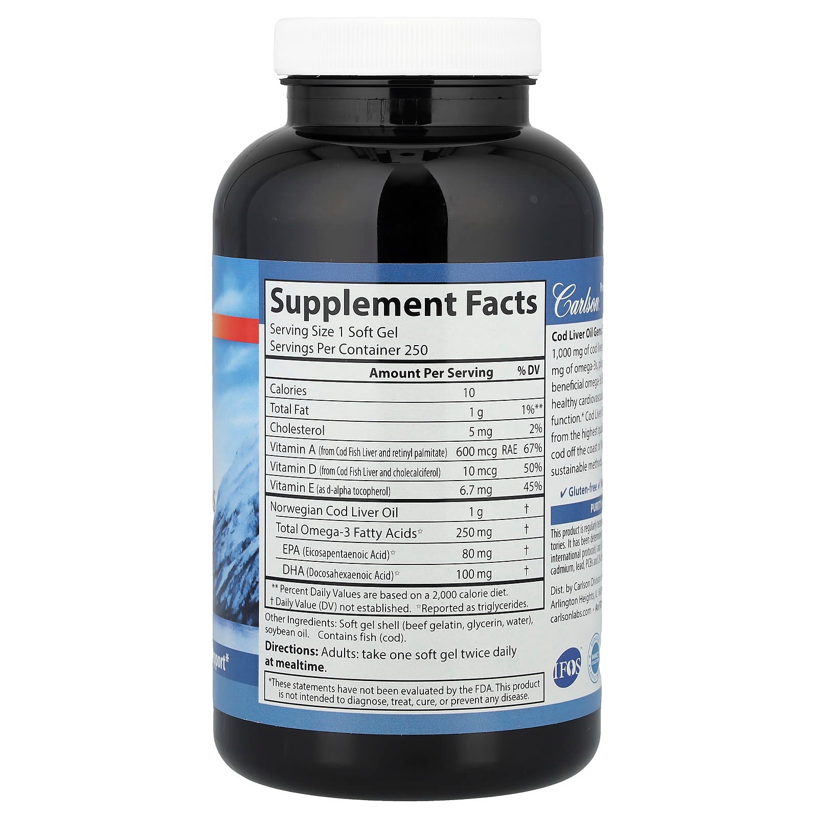 Gemas de óleo de fígado de bacalhau selvagem norueguês - 1000 mg - 250 cápsulas gelatinosas - Carlson Labs