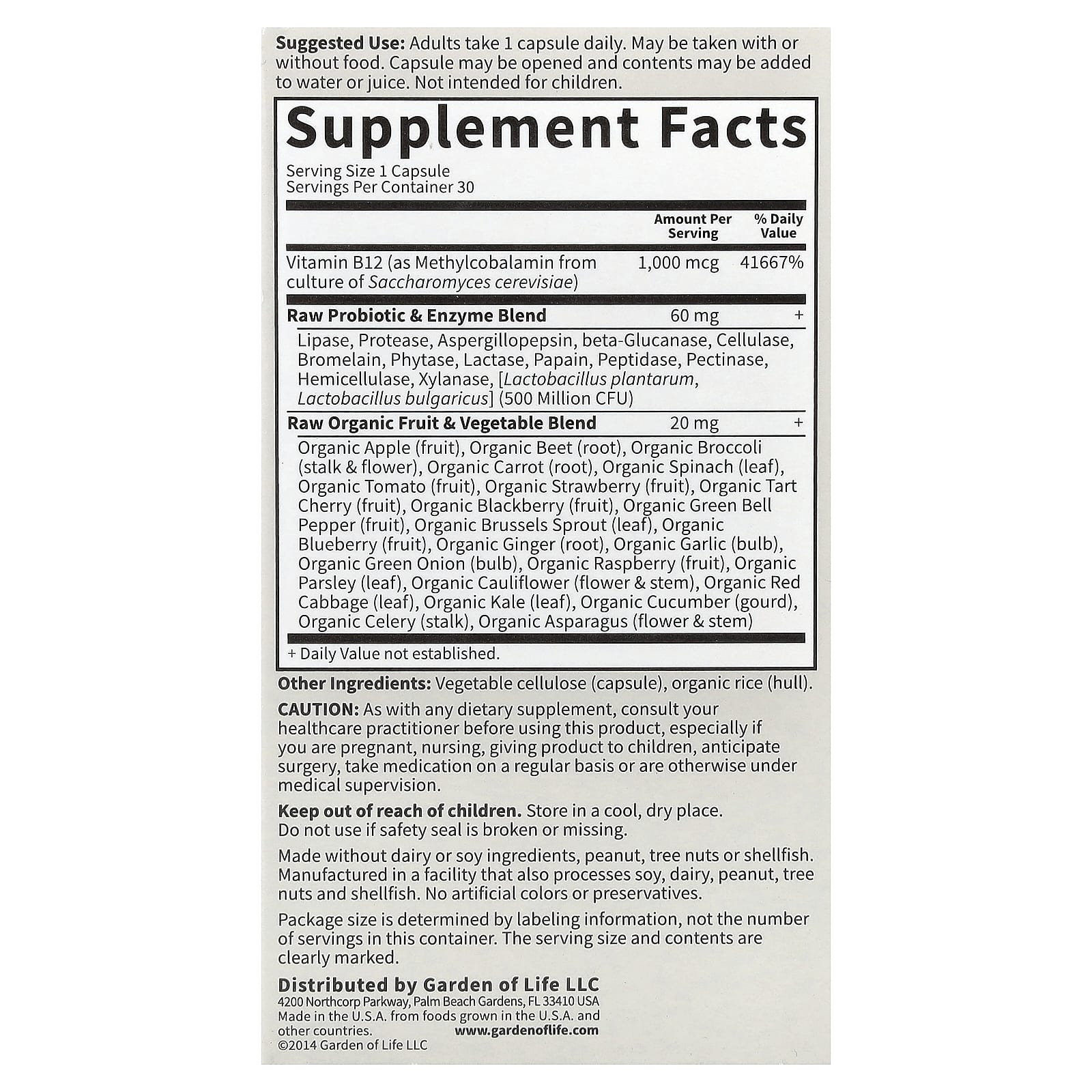 Vitamin Code Raw B-12 - 30 cápsulas veganas, Garden of Life