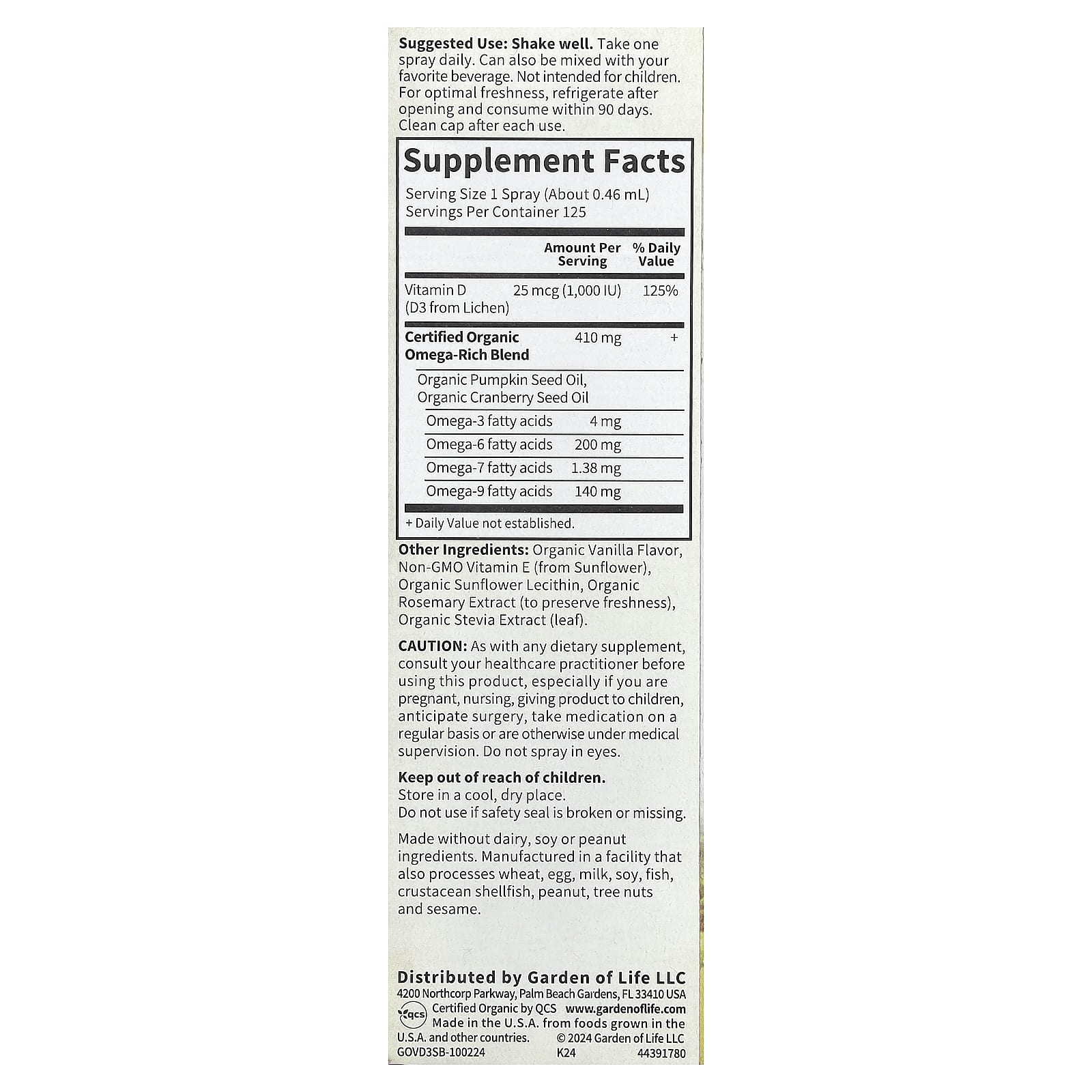 Mykind Vegan D3 Spray, 1000 UI (Baunilha) - 58 ml., Garden of Life