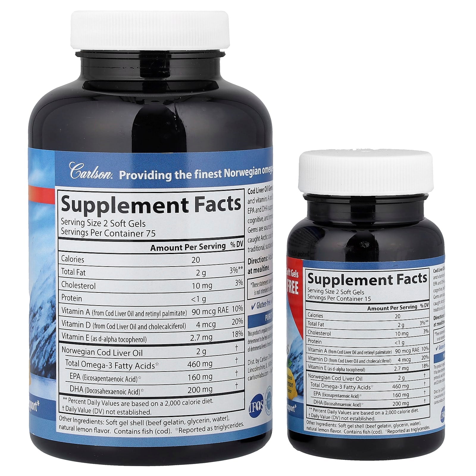 Gemas de óleo de fígado de bacalhau selvagem norueguês - 460 mg - 150 + 30 cápsulas gelatinosas - Carlson Labs