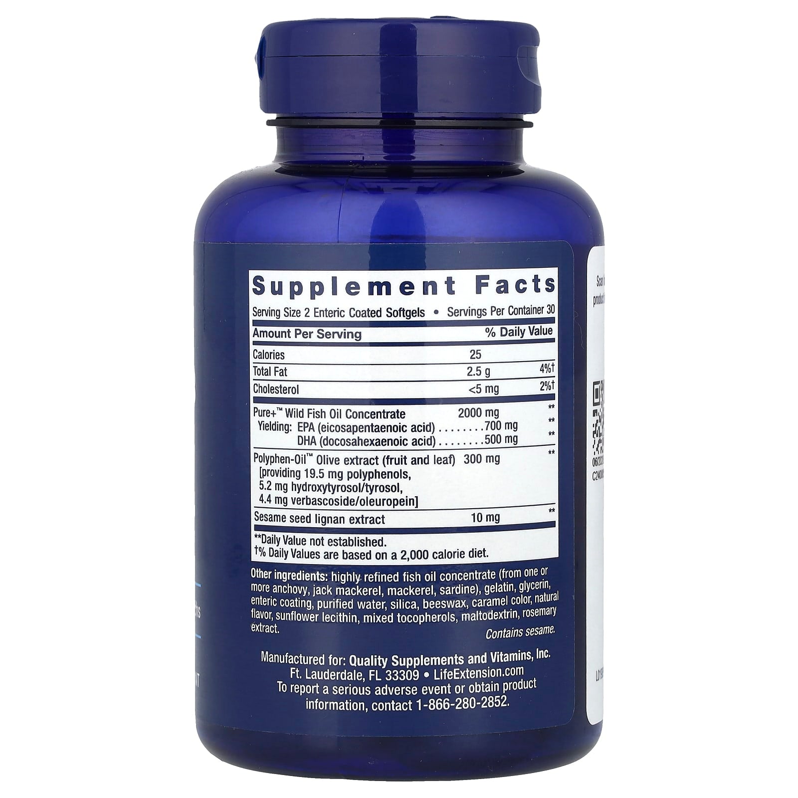 Óleo de peixe Super Ômega-3 com EPA/DHA, 60 cápsulas gelatinosas com revestimento entérico, Life Extension