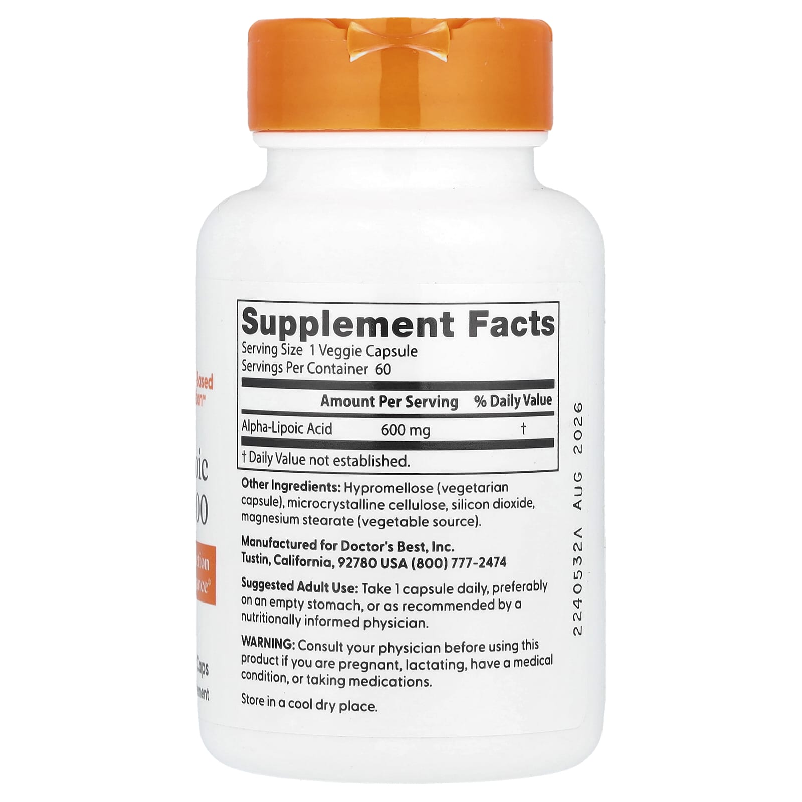 Ácido Alfa-Lipoico 600 mg, 60 Cápsulas Vegetarianas, Doctor's Best