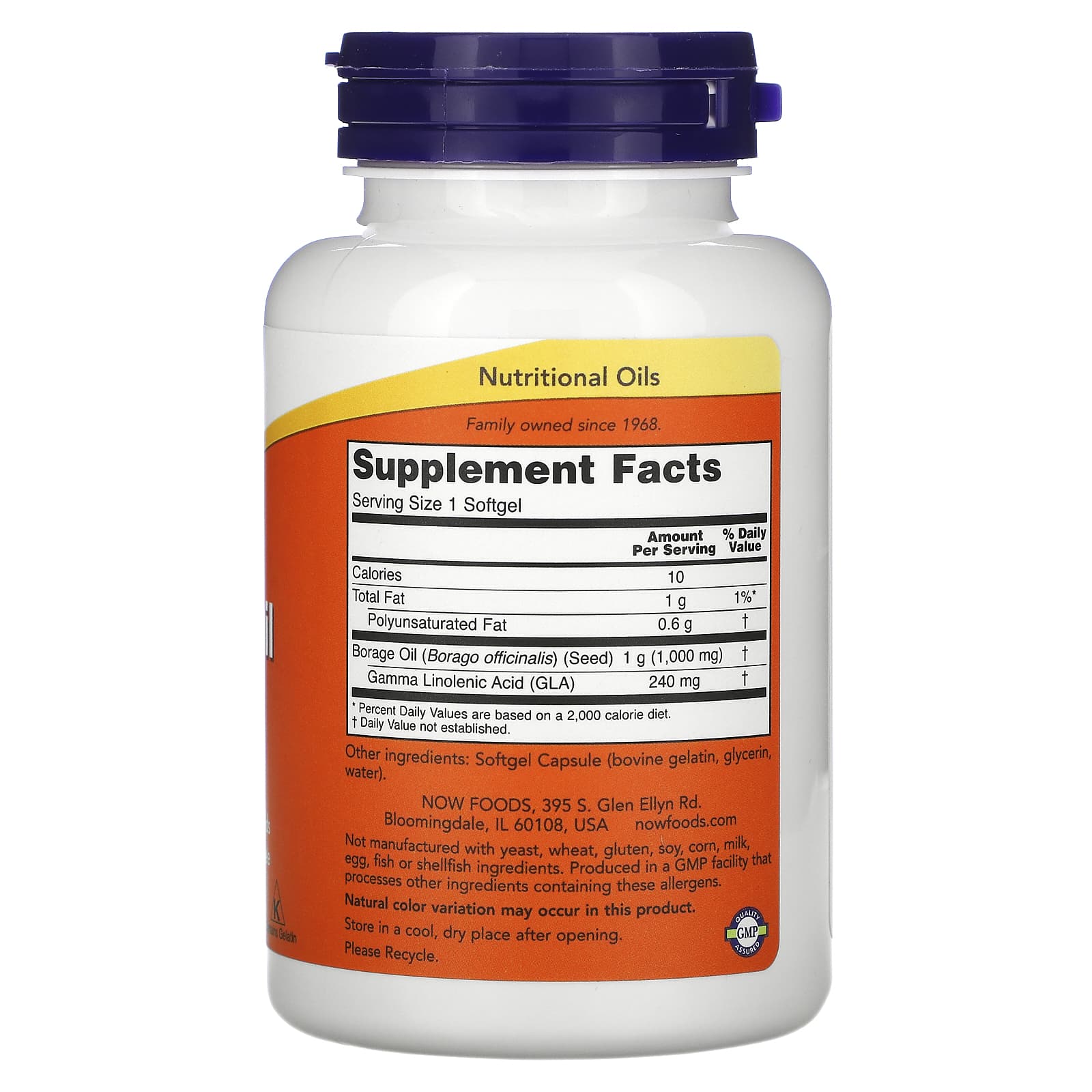 Óleo de borragem 1000 mg, 60 cápsulas gelatinosas, Now Foods