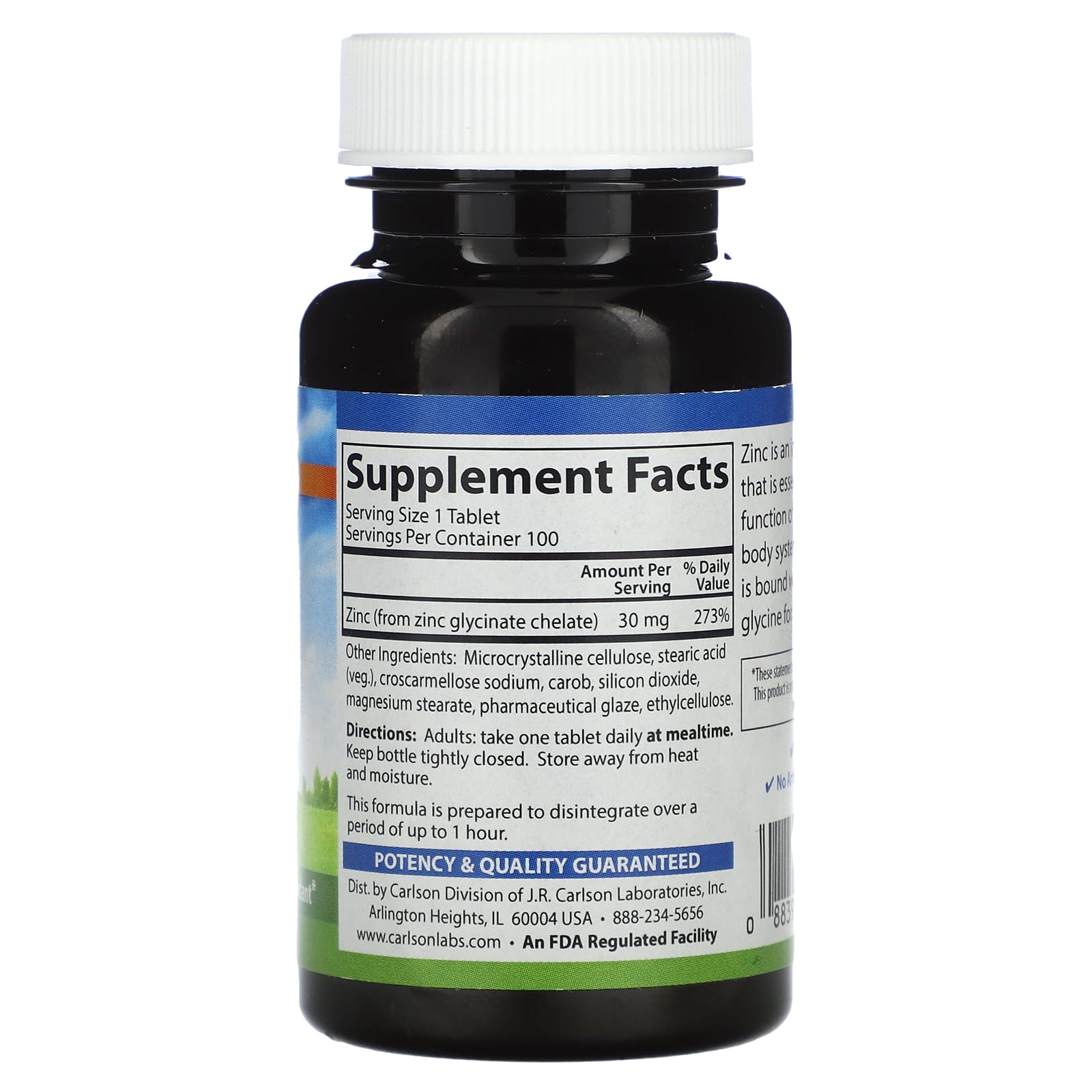 Zinco quelatado, 30 mg - 100 comprimidos - Carlson Labs