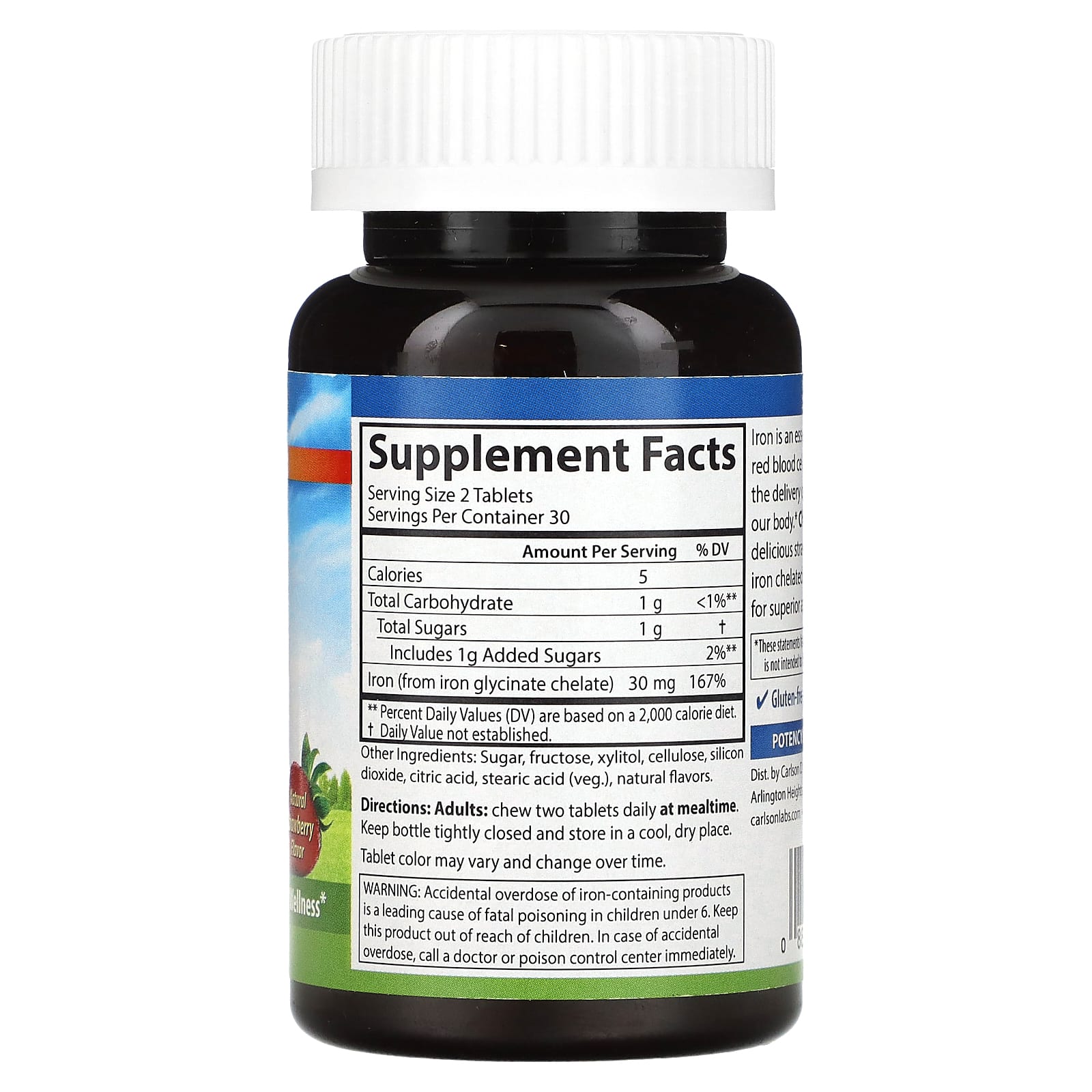 Ferro mastigável, 30mg Morango - 60 comprimidos - Carlson Labs