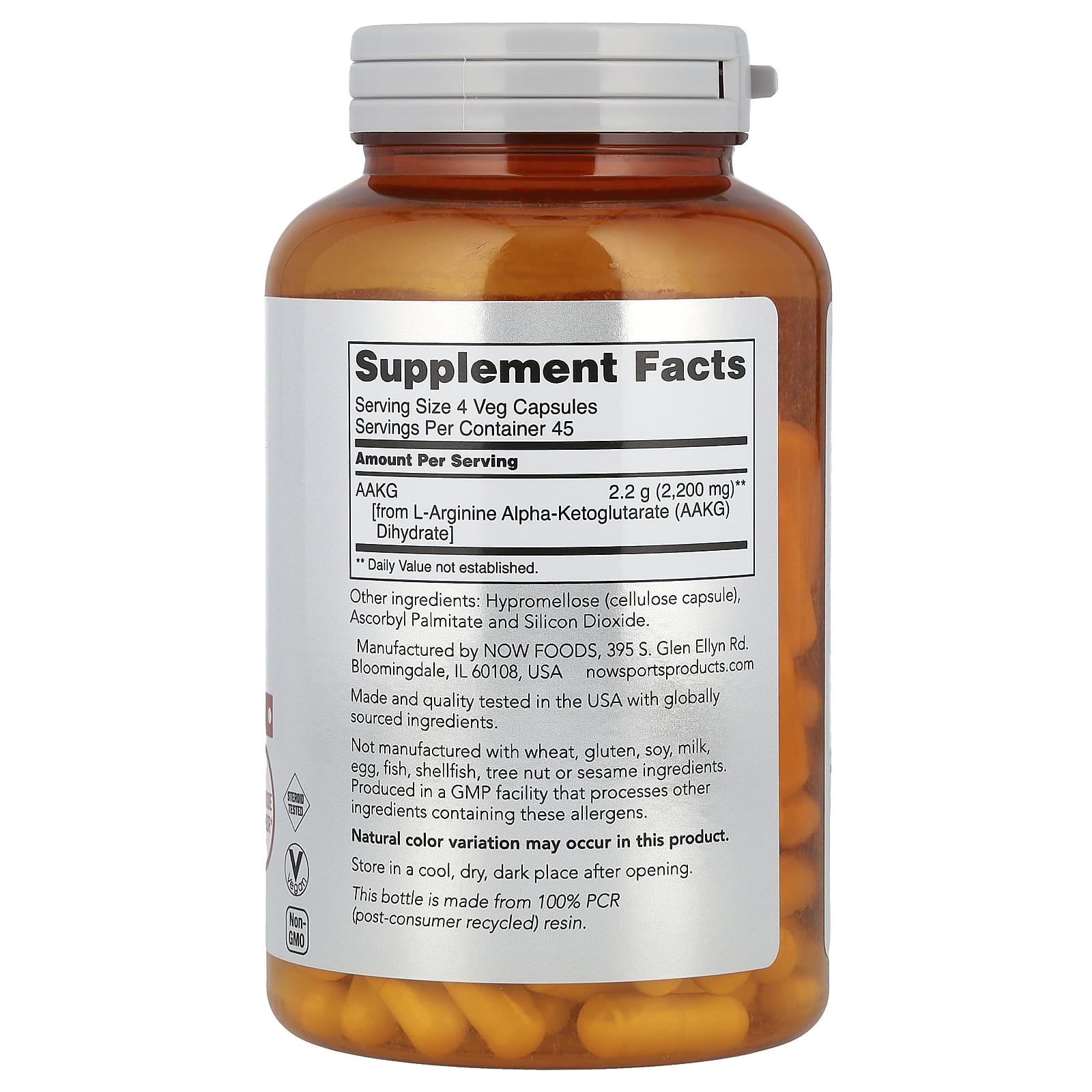 AAKG 2200, 180 vcaps, Now Foods