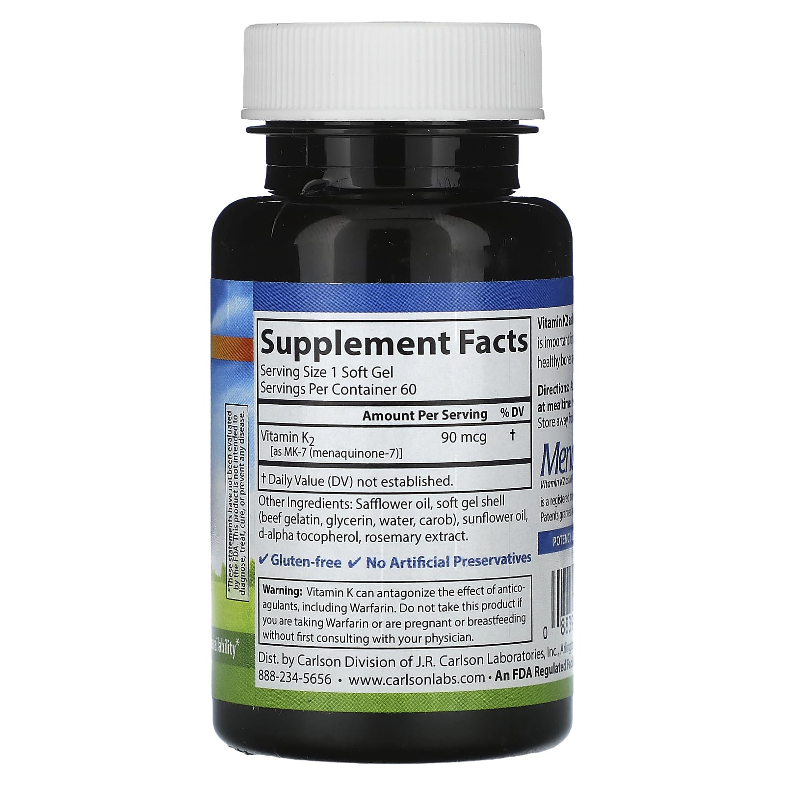 Vitamina K2 MK-7, 90 mcg - 60 cápsulas gelatinosas - Carlson Labs