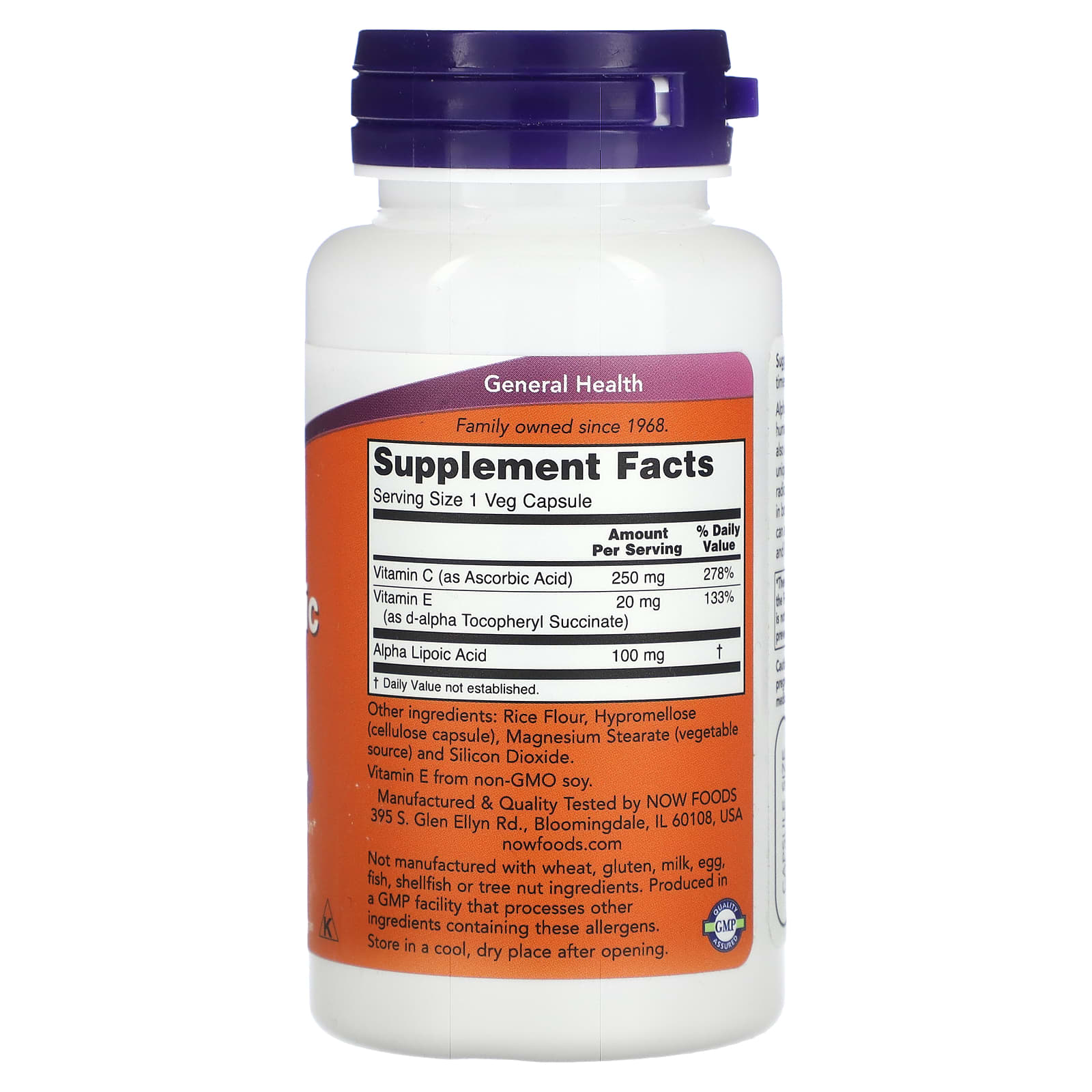 Ácido Alfa Lipóico com Vitaminas C e E - 100mg, 60 vcaps, Now Foods