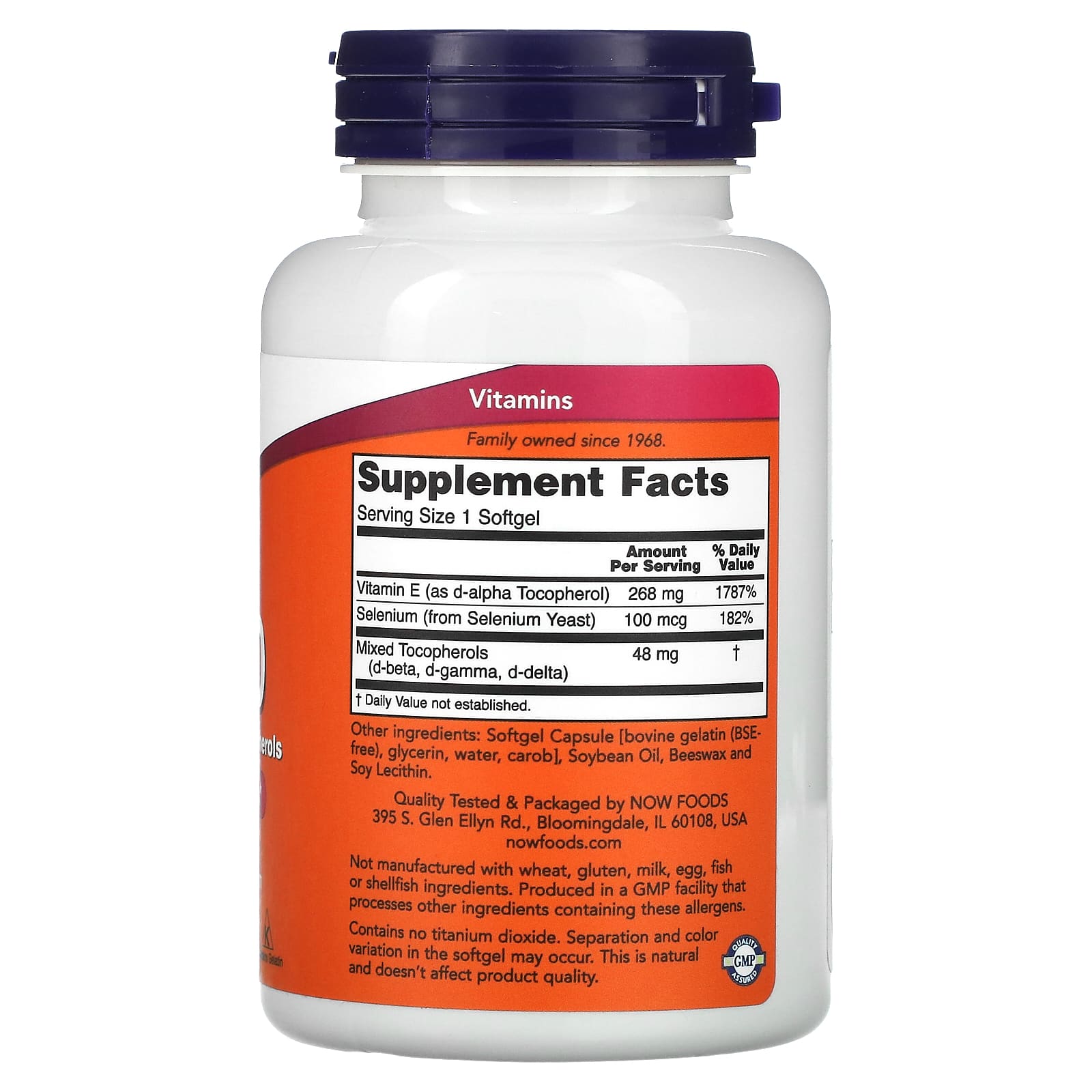 Vitamina E-400 UI com Selênio, 100 softgels, Now Foods