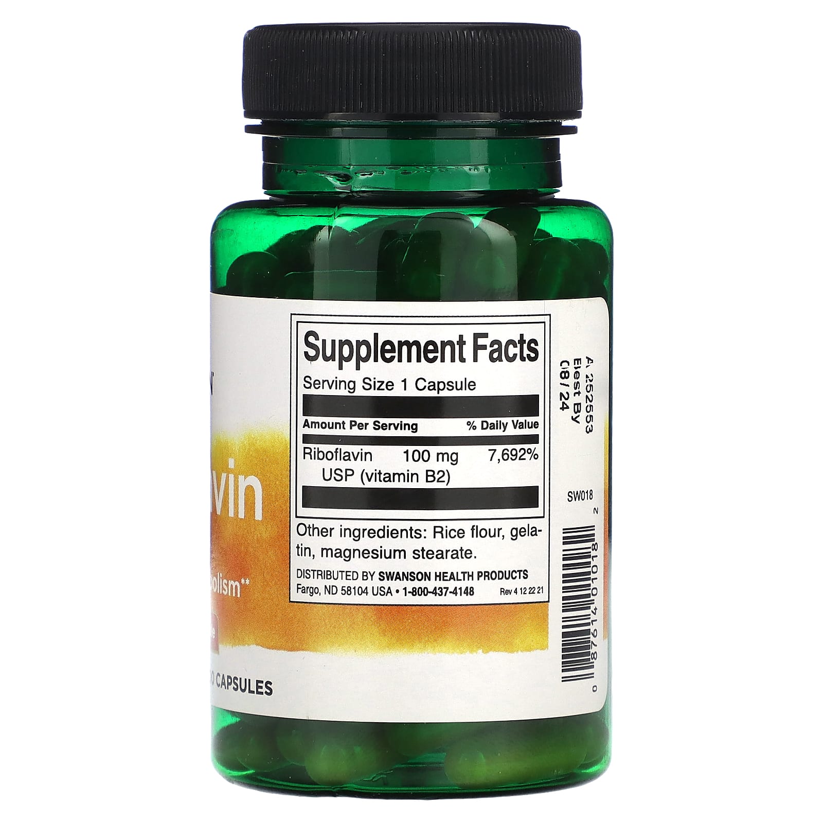 Vitamina B-2 (Riboflavina) 100 mg, 100 Cápsulas, Swanson