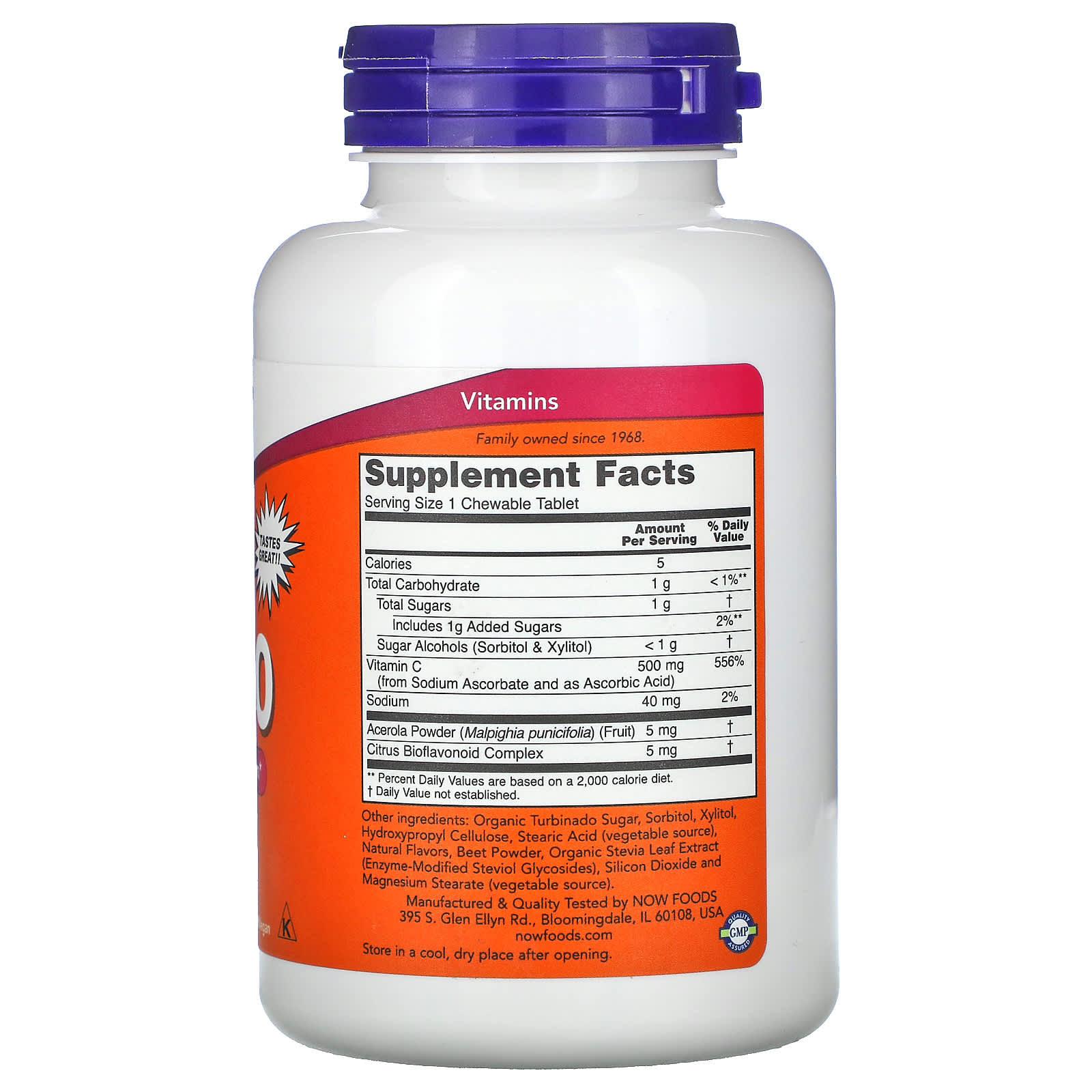 Vitamina C-500 Mastigável, 100 comprimidos, Now Foods