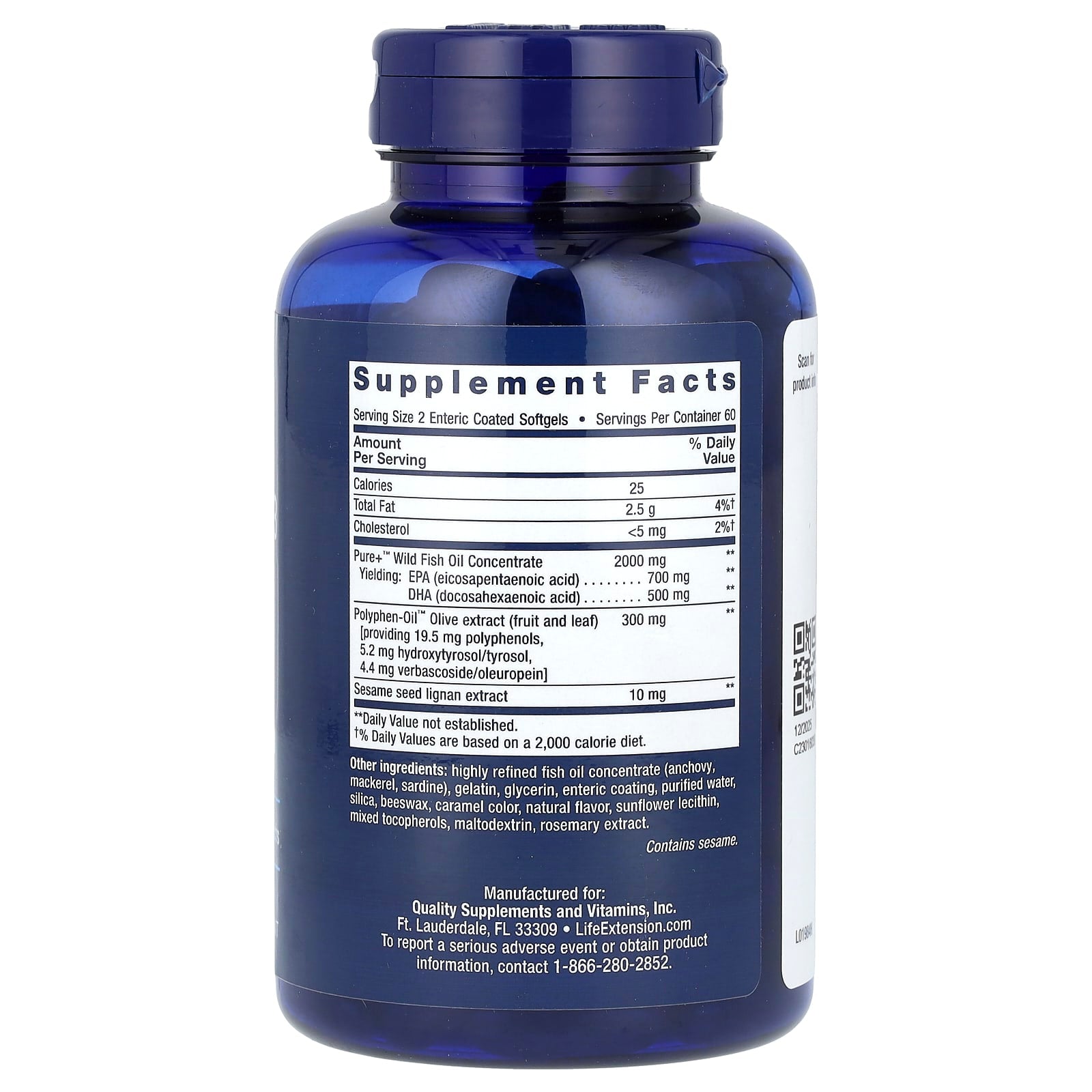 Óleo de peixe Super Ômega-3 com EPA/DHA, 120 cápsulas gelatinosas com revestimento entérico, Life Extension