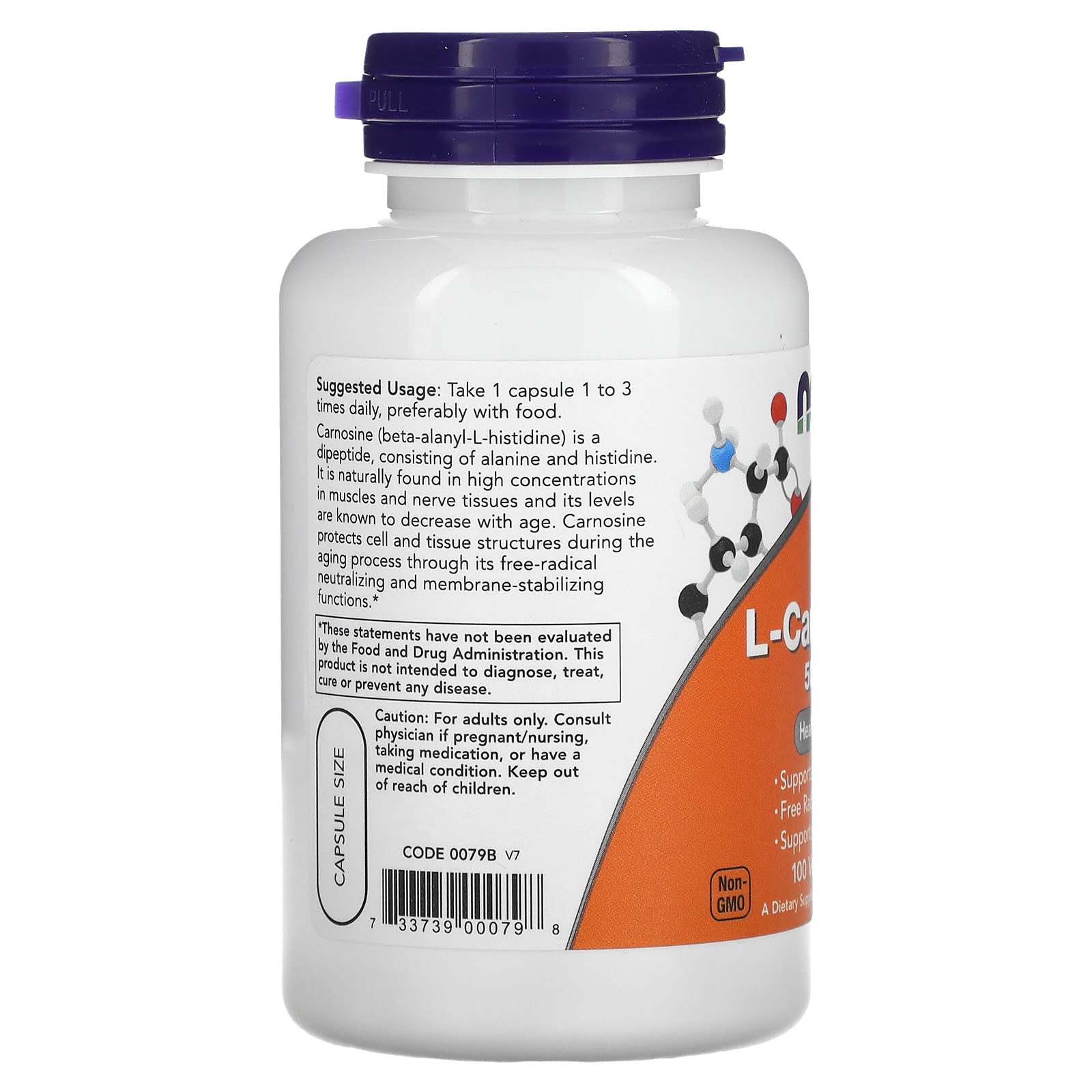 L-Carnosina 500 mg, 100 Cápsulas Vegetais, Now Foods