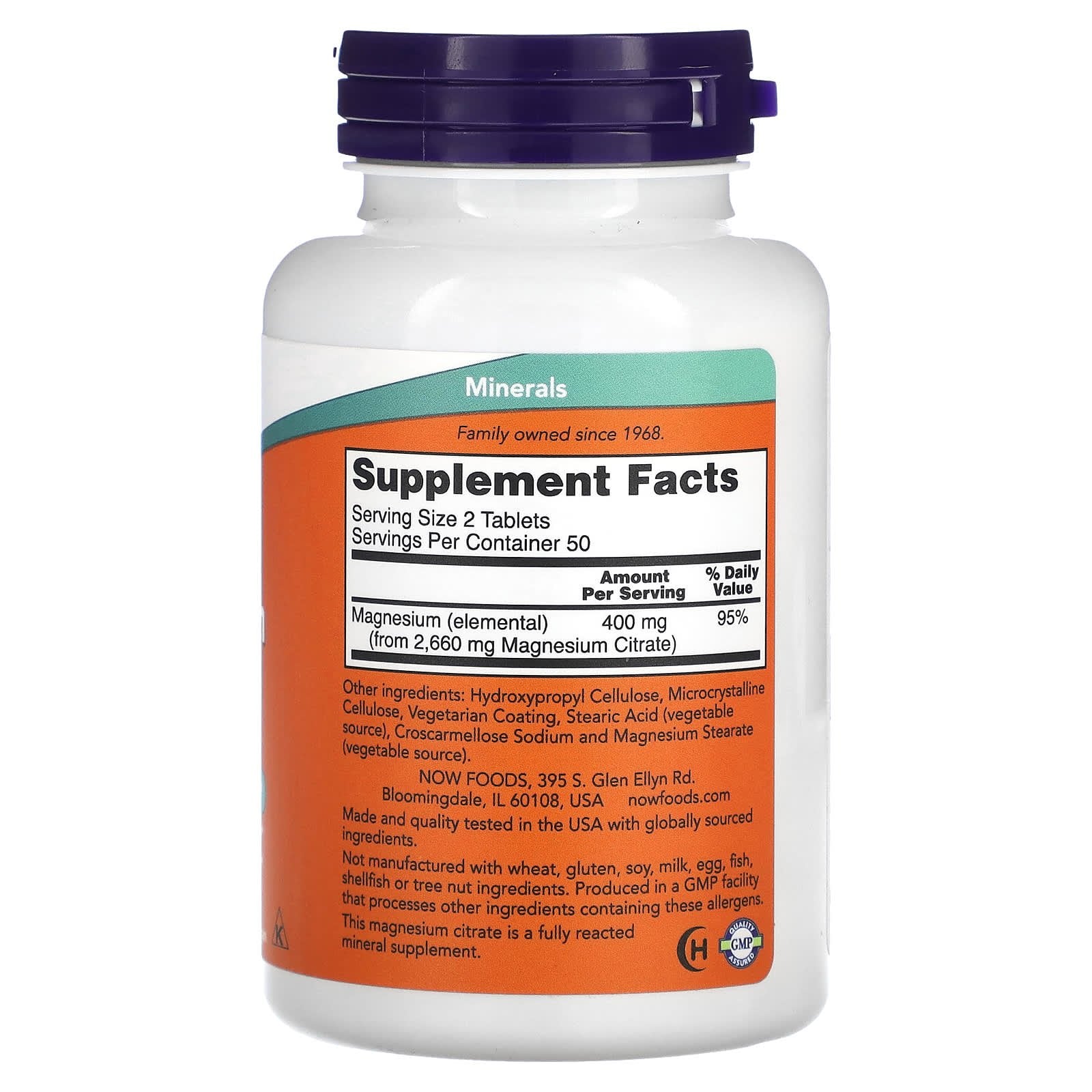 Citrato de Magnésio 200 mg, 100 Comprimidos, Now Foods