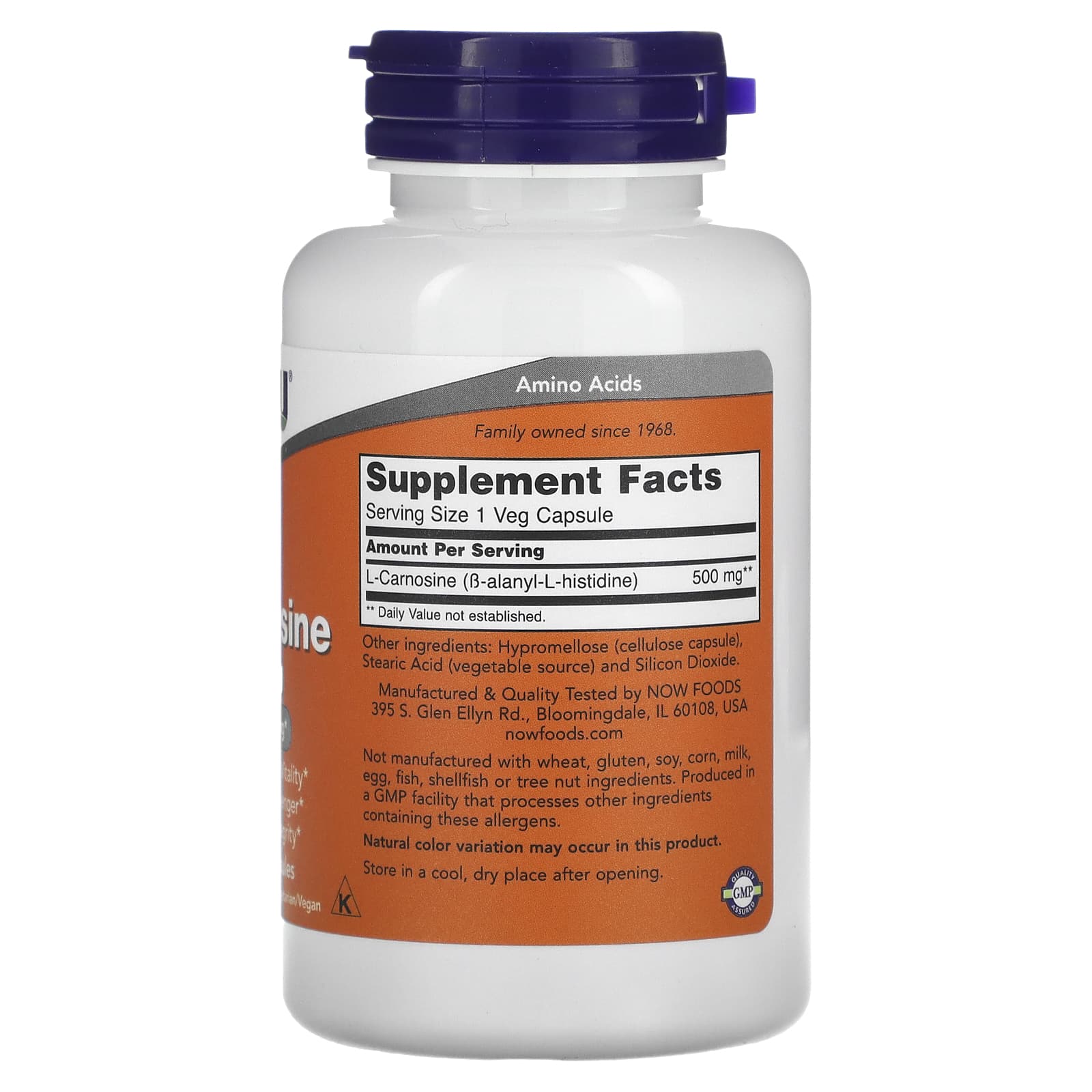 L-Carnosina 500 mg, 100 Cápsulas Vegetais, Now Foods