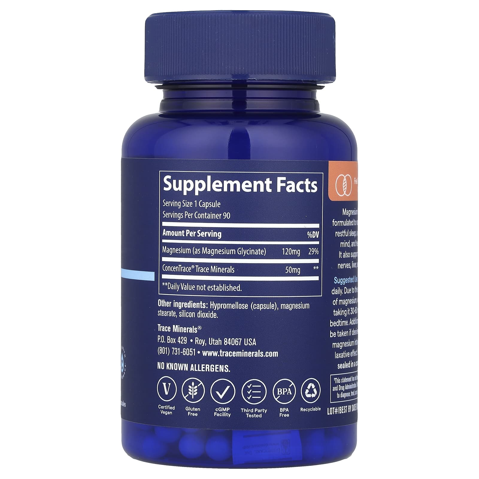 Glicinato de Magnésio, 120 mg, 90 Cápsulas, Trace Minerals Research