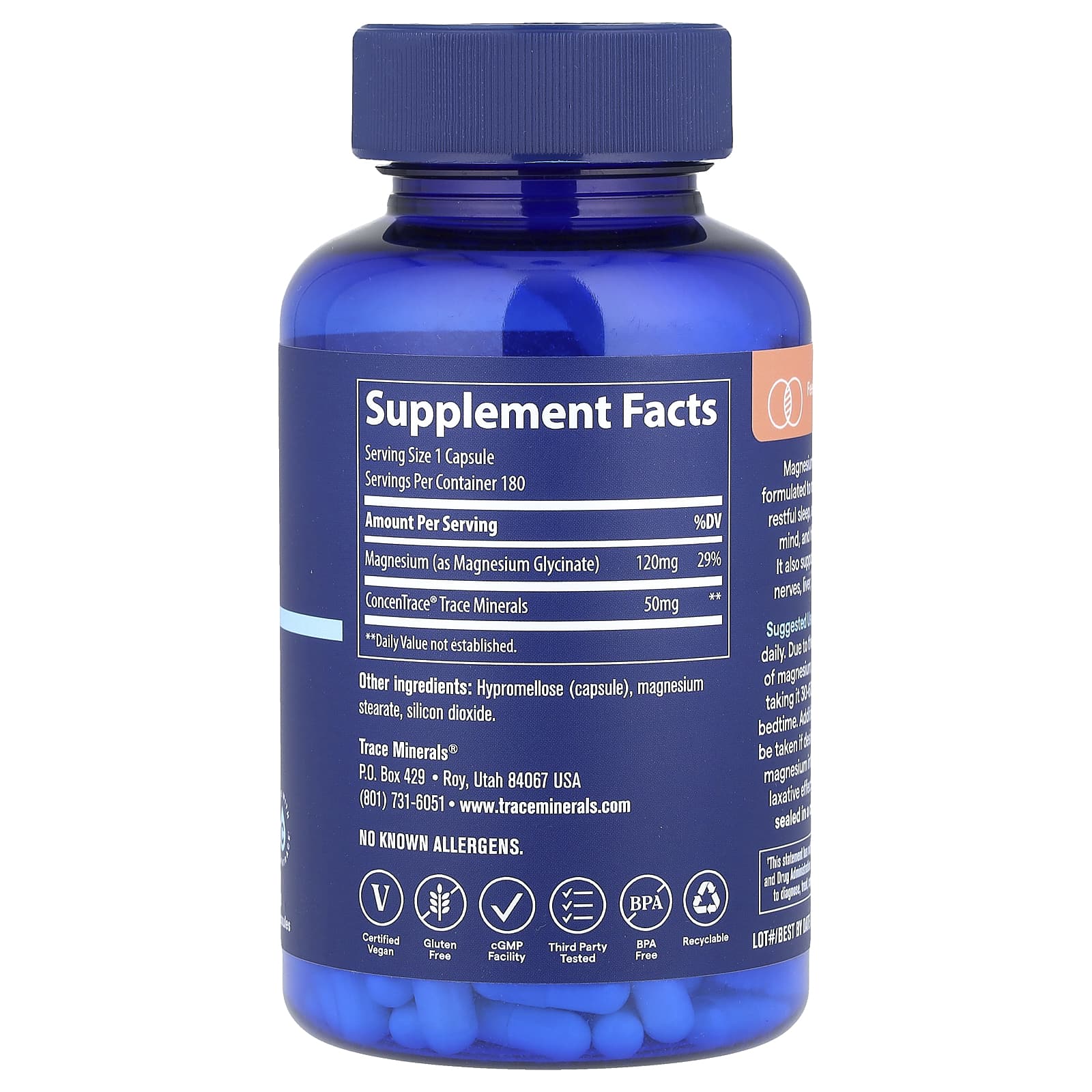 Glicinato de Magnésio, 120 mg, 180 Cápsulas, Trace Minerals Research