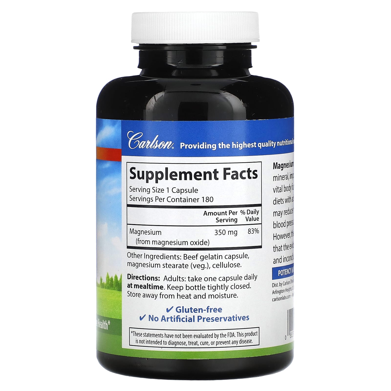 Magnésio, 350mg - 180 cápsulas - Carlson Labs