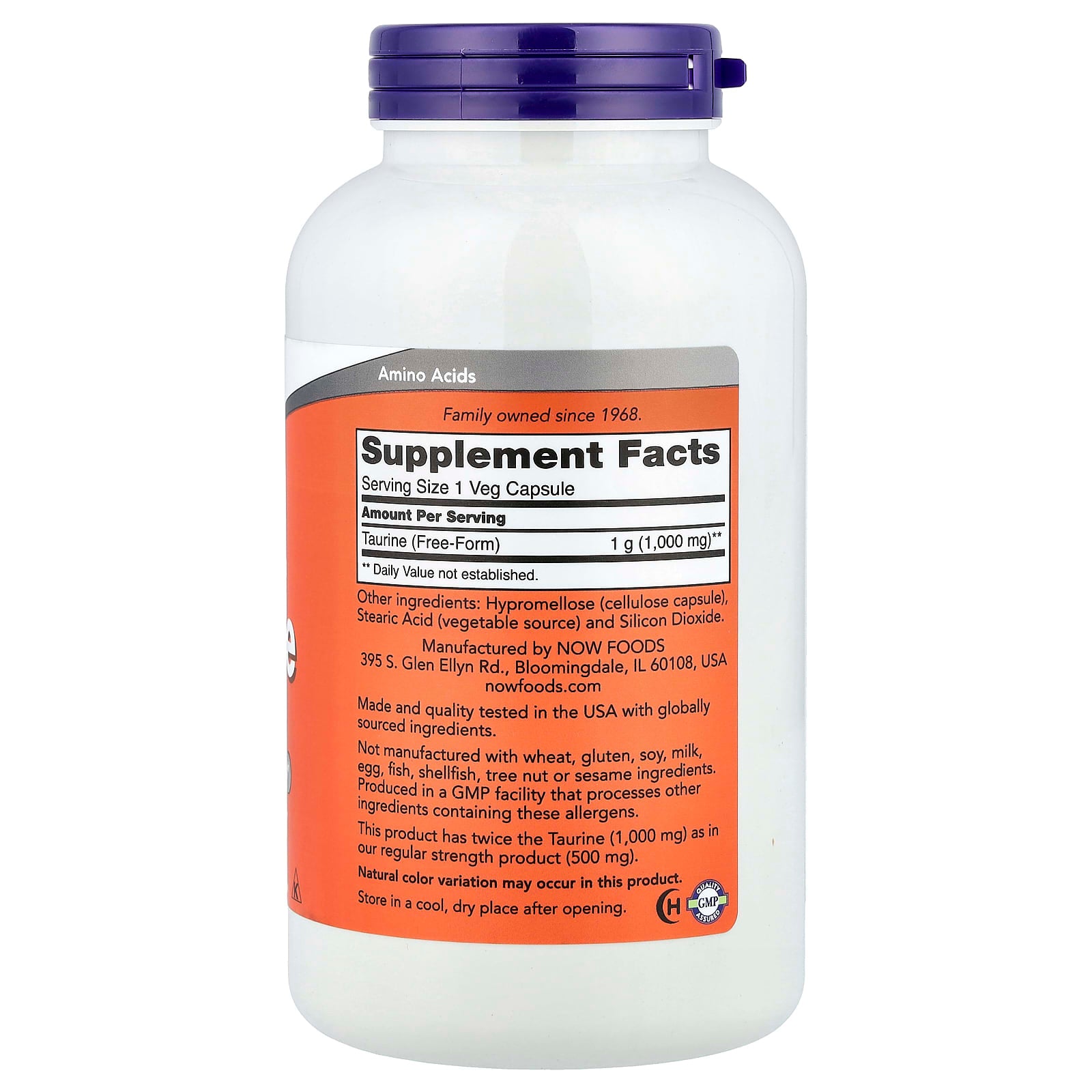 Taurina, Dupla Potência 1000 mg, 250 Cápsulas Vegetarianas, Now Foods