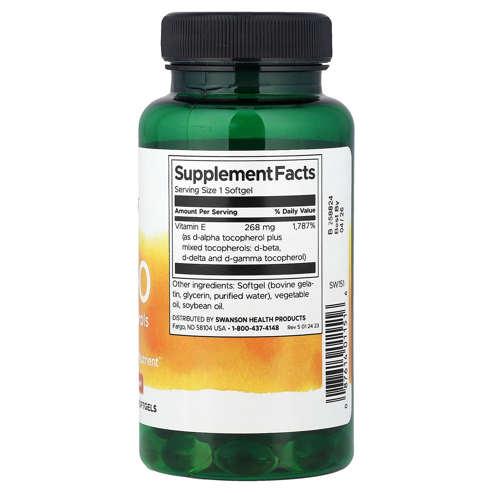 Vitamina E Tocoferóis Mistos, 400 UI, 100 softgels, Swanson