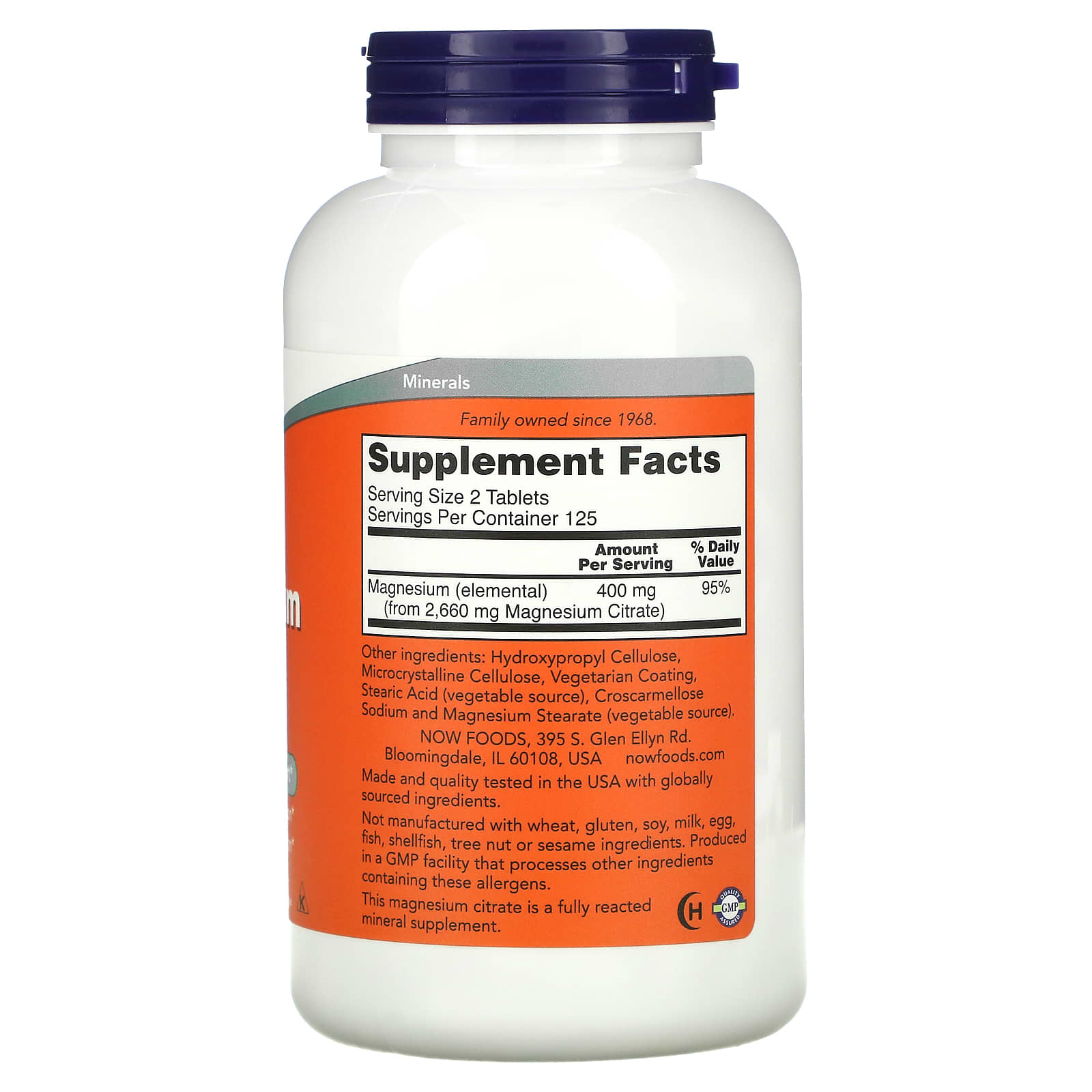 Citrato de Magnésio - 200mg, 250 comprimidos, Now Foods