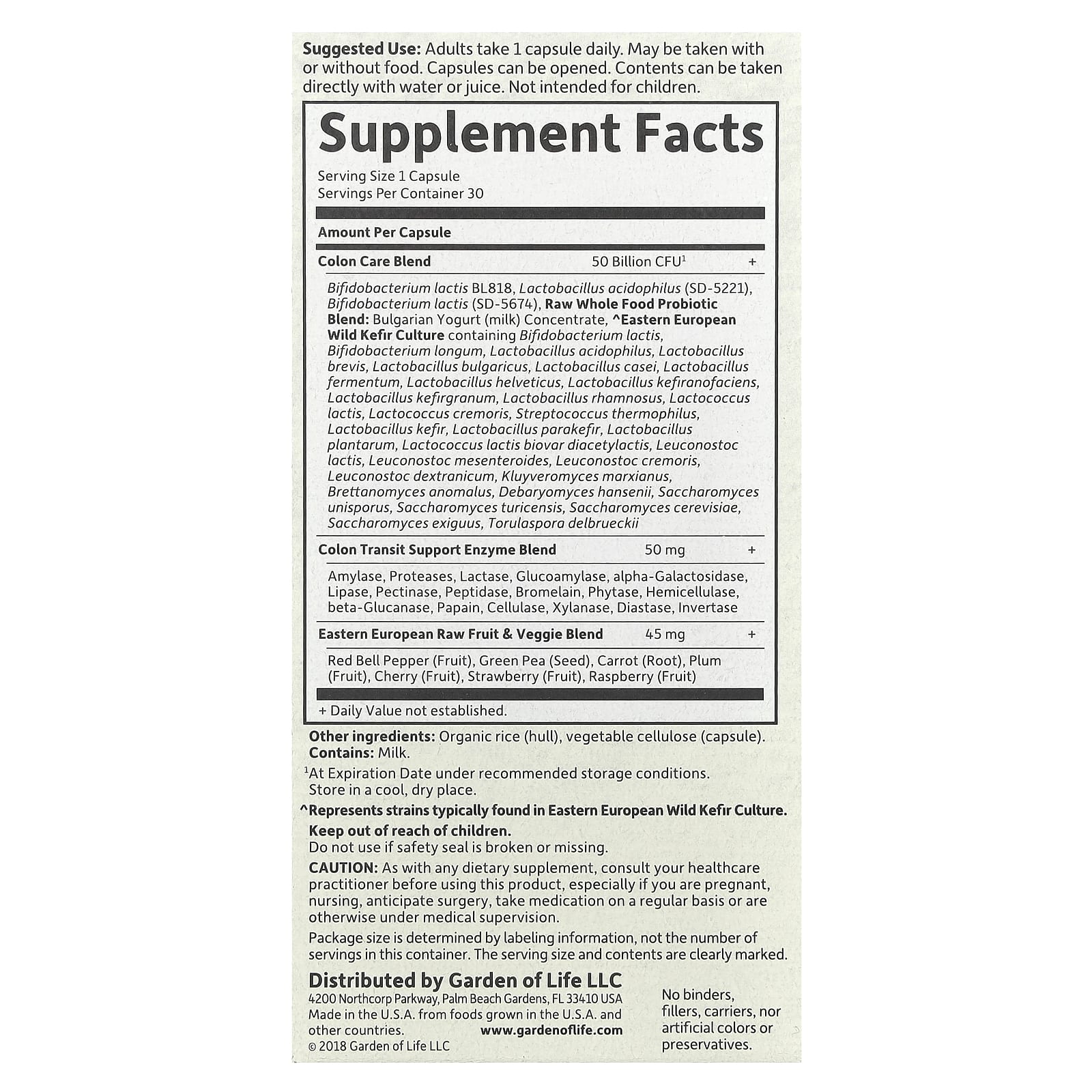 Raw Probiotics Colon Care - 30 cápsulas vegetais, Garden of Life