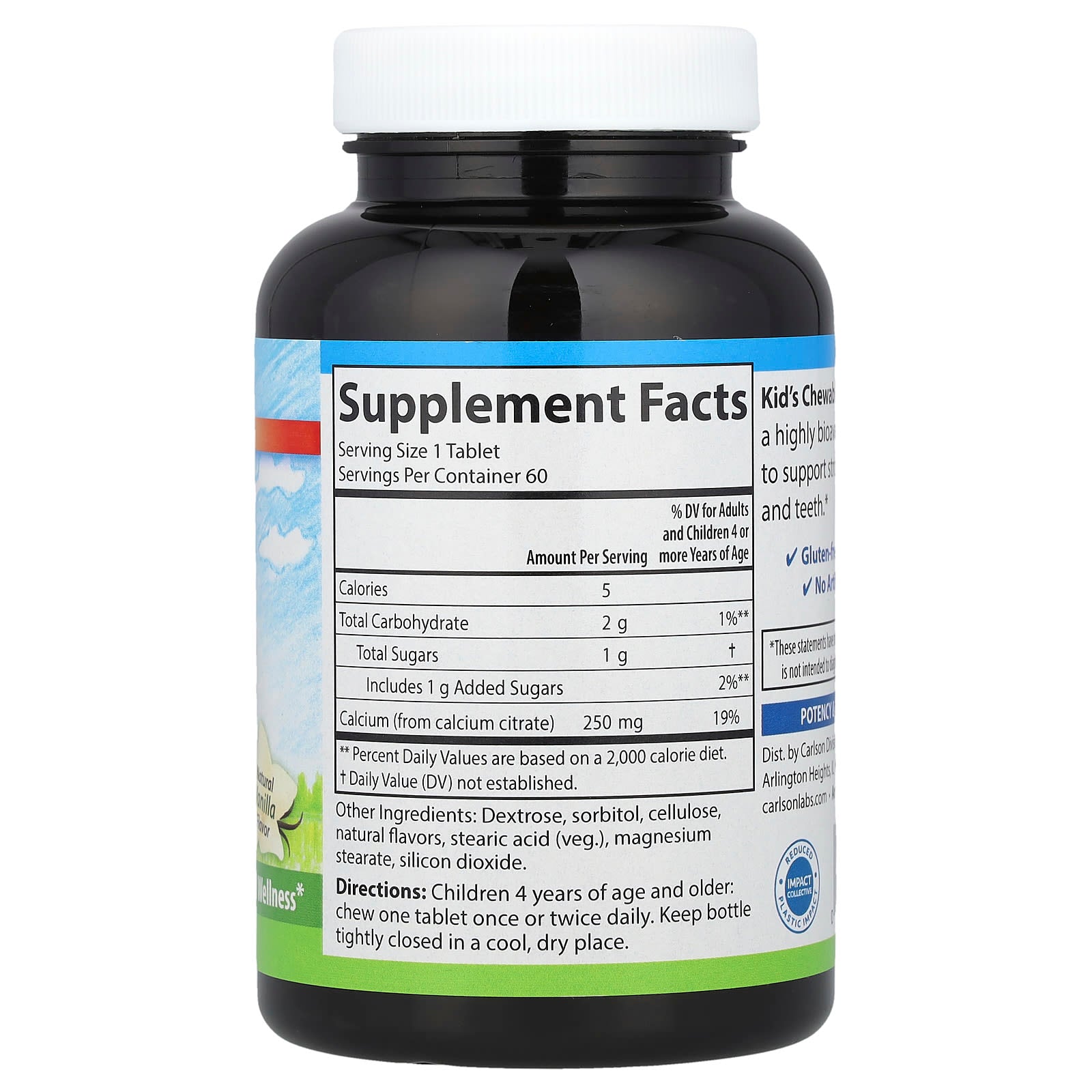 Cálcio mastigável infantil, 250 mg, baunilha natural - 60 comprimidos - Carlson Labs