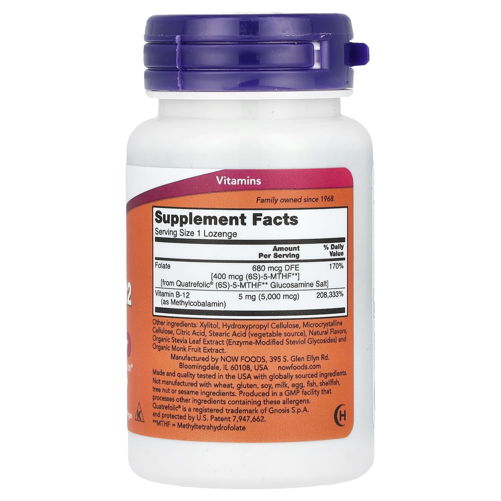Metil B-12 com Ácido Fólico - 5000mcg, 120 lozenges, Now Foods