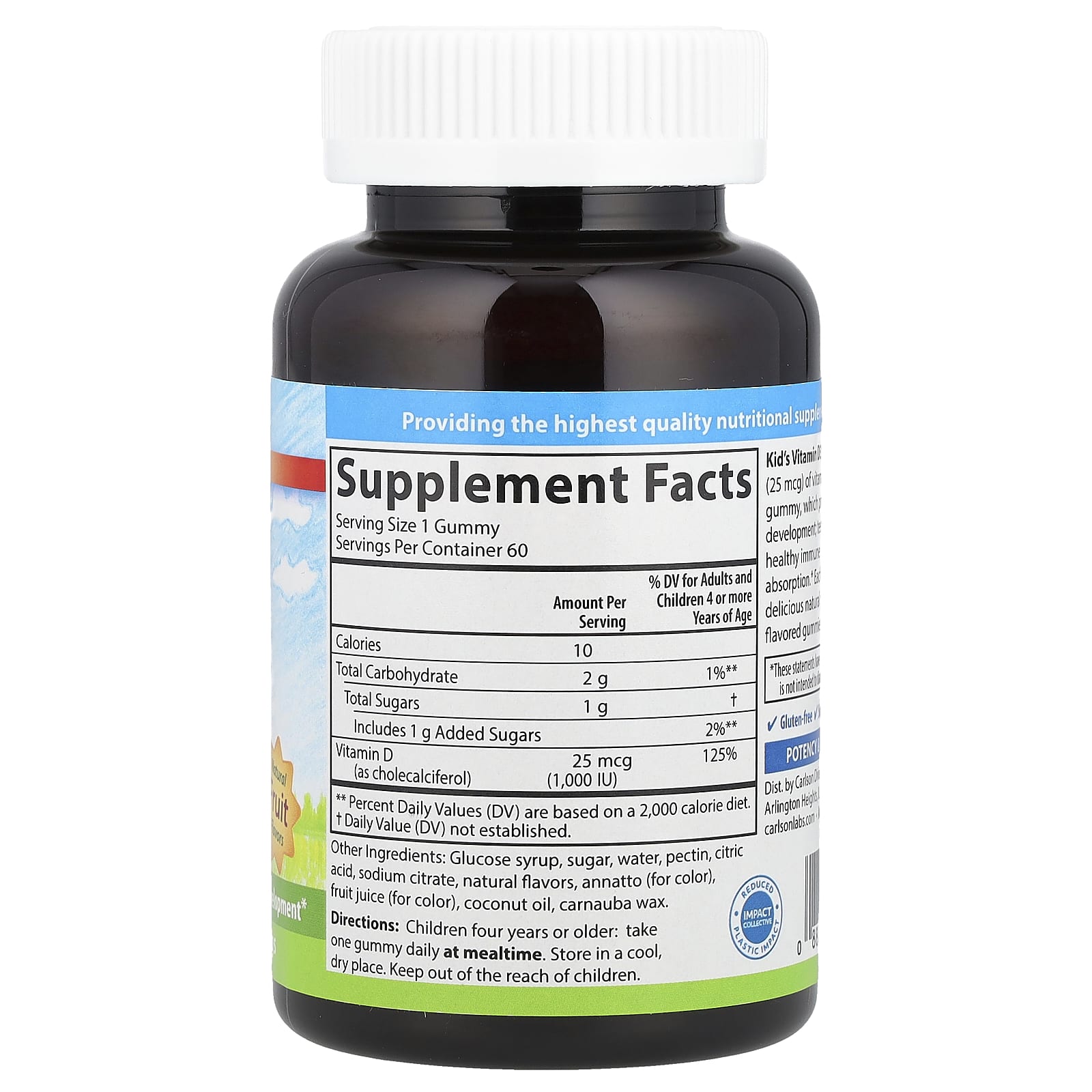 Vitamina D3 em gomas para crianças, 1000 UI, frutas naturais - 60 gomas - Carlson Labs