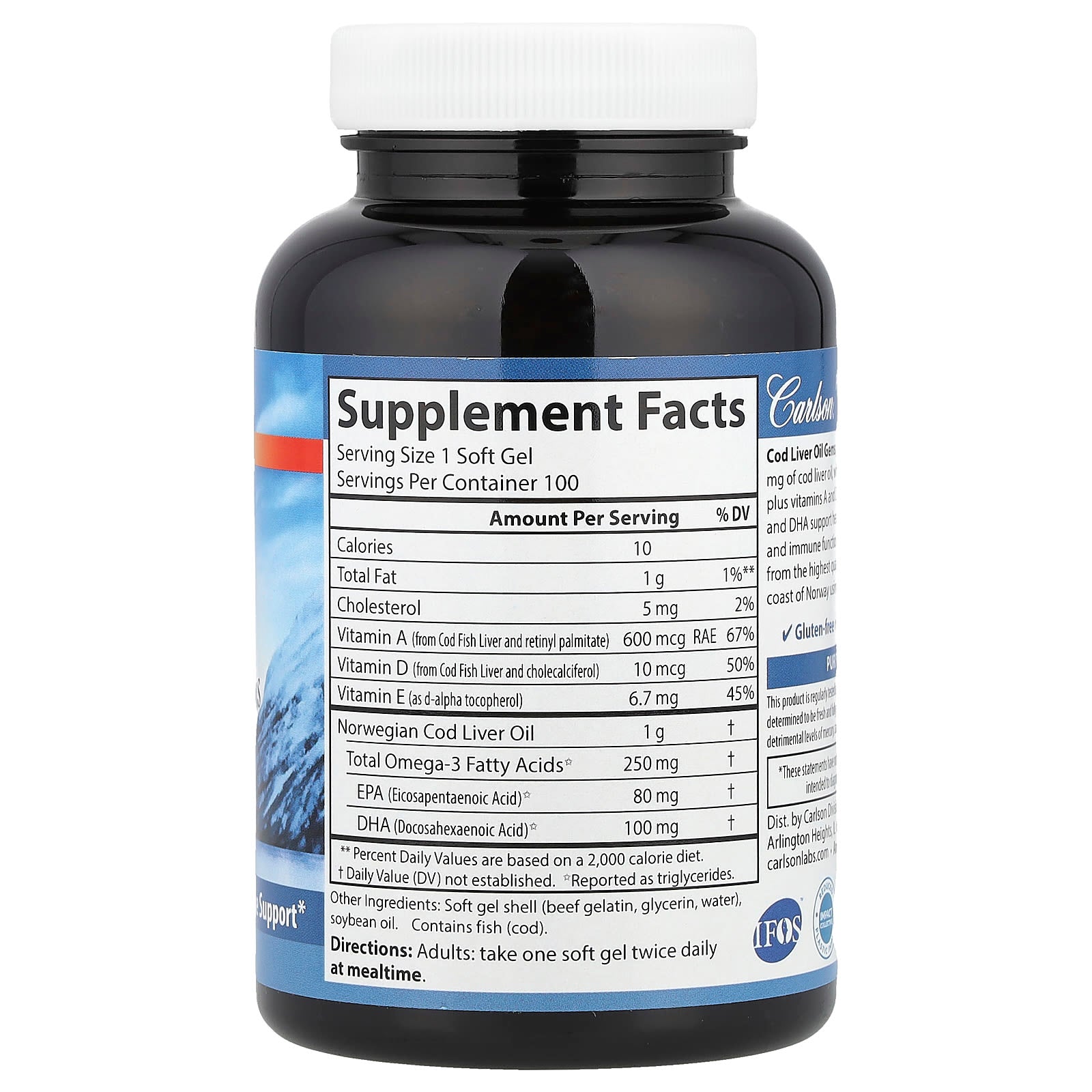 Gemas de óleo de fígado de bacalhau selvagem norueguês - 1000 mg - 100 cápsulas gelatinosas - Carlson Labs