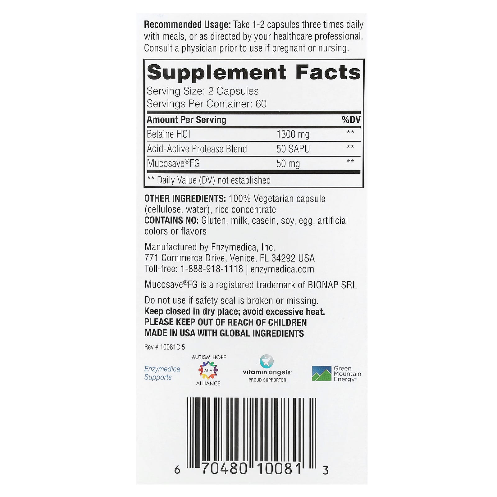 Betaína HCl - 120 cápsulas - Enzymedica