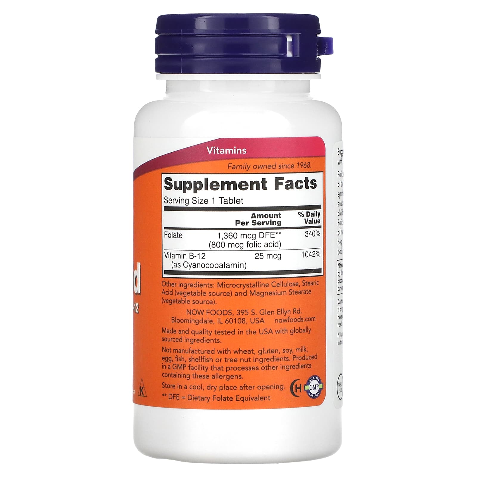 Ácido Fólico com Vitamina B12, 800mcg, 250 comprimidos, Now Foods