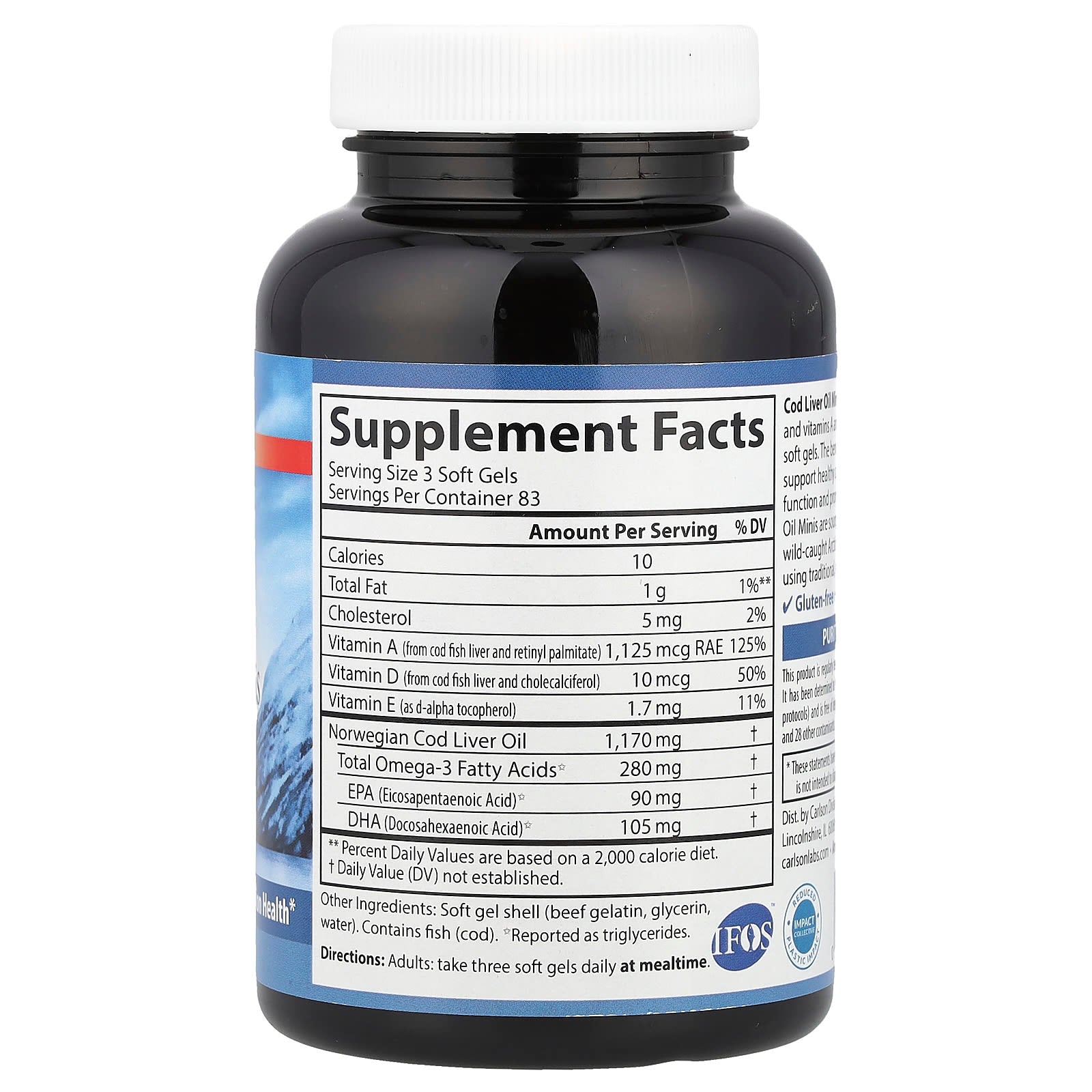 Minis de óleo de fígado de bacalhau, 280 mg - 250 mini cápsulas gelatinosas - Carlson Labs