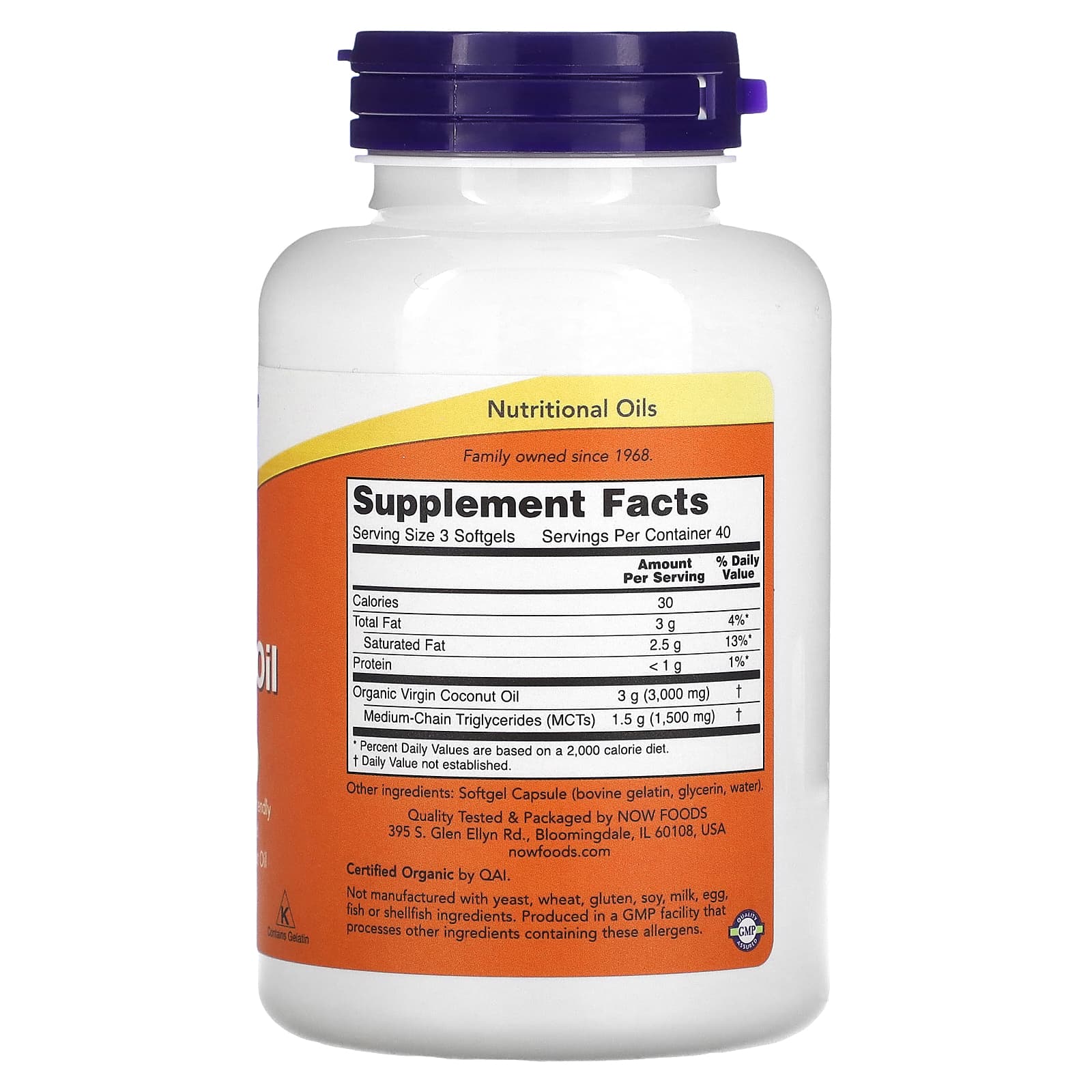 Óleo de coco virgem, 1000mg, 120 softgels, Now Foods