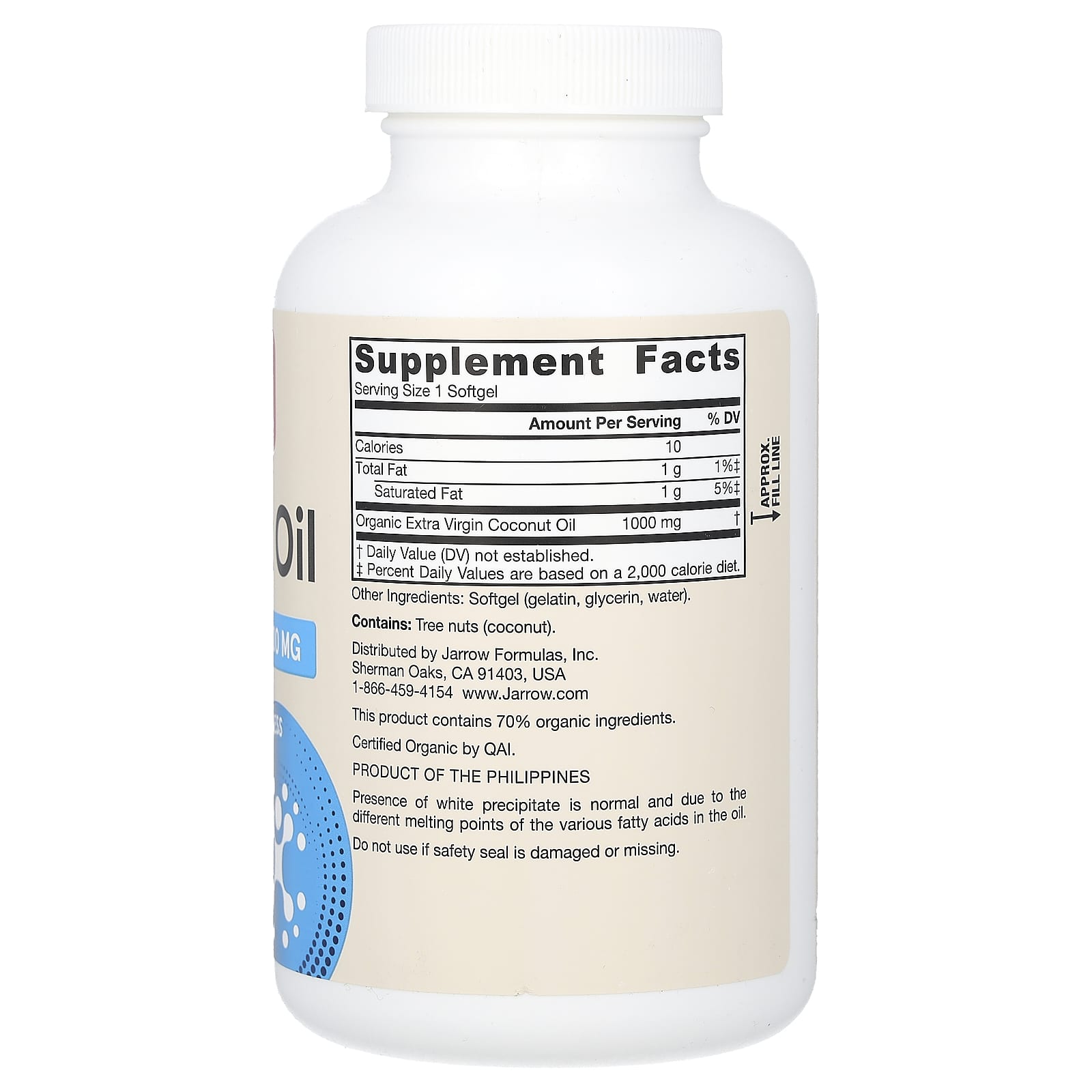 Óleo de coco extra virgem, 1000 mg - 120 cápsulas gelatinosas, Jarrow Formulas
