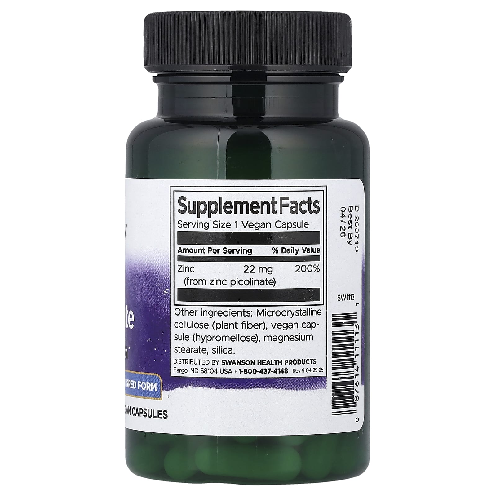 Picolinato de Zinco Forma Preferida para o Corpo - 22mg, 60 caps, Swanson