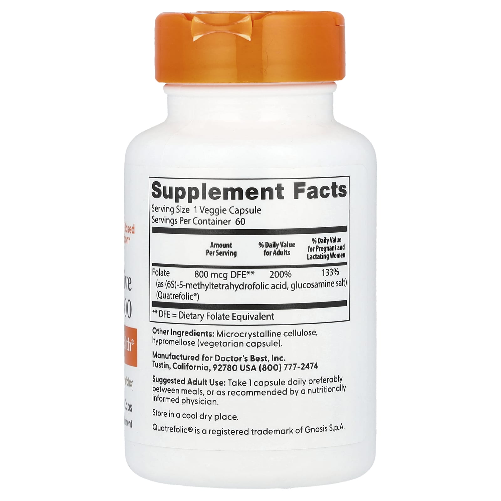 Folato totalmente ativo 800 mcg com Quatrefolic, 60 cápsulas vegetais, Doctor's Best