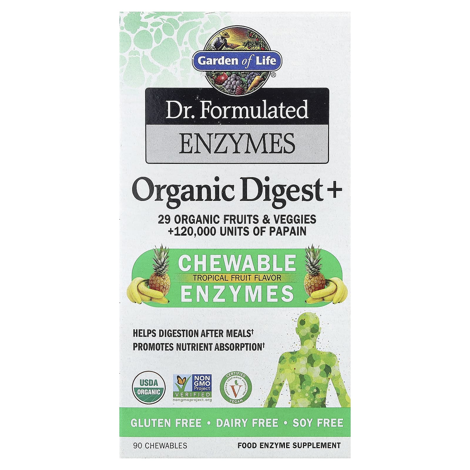 Dr. Formulated Digest+, Frutas Tropicais - 90 comprimidos mastigáveis, Garden of Life
