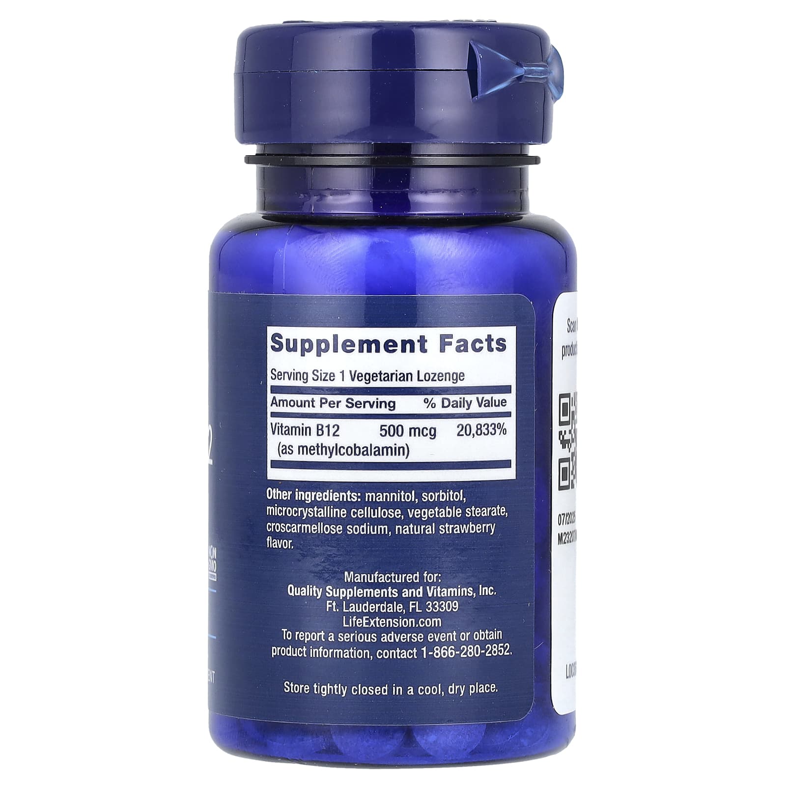Vitamina B12, Metilcobalamina, 500 mcg, 100 Pastilhas Vegetarianas, Life Extension