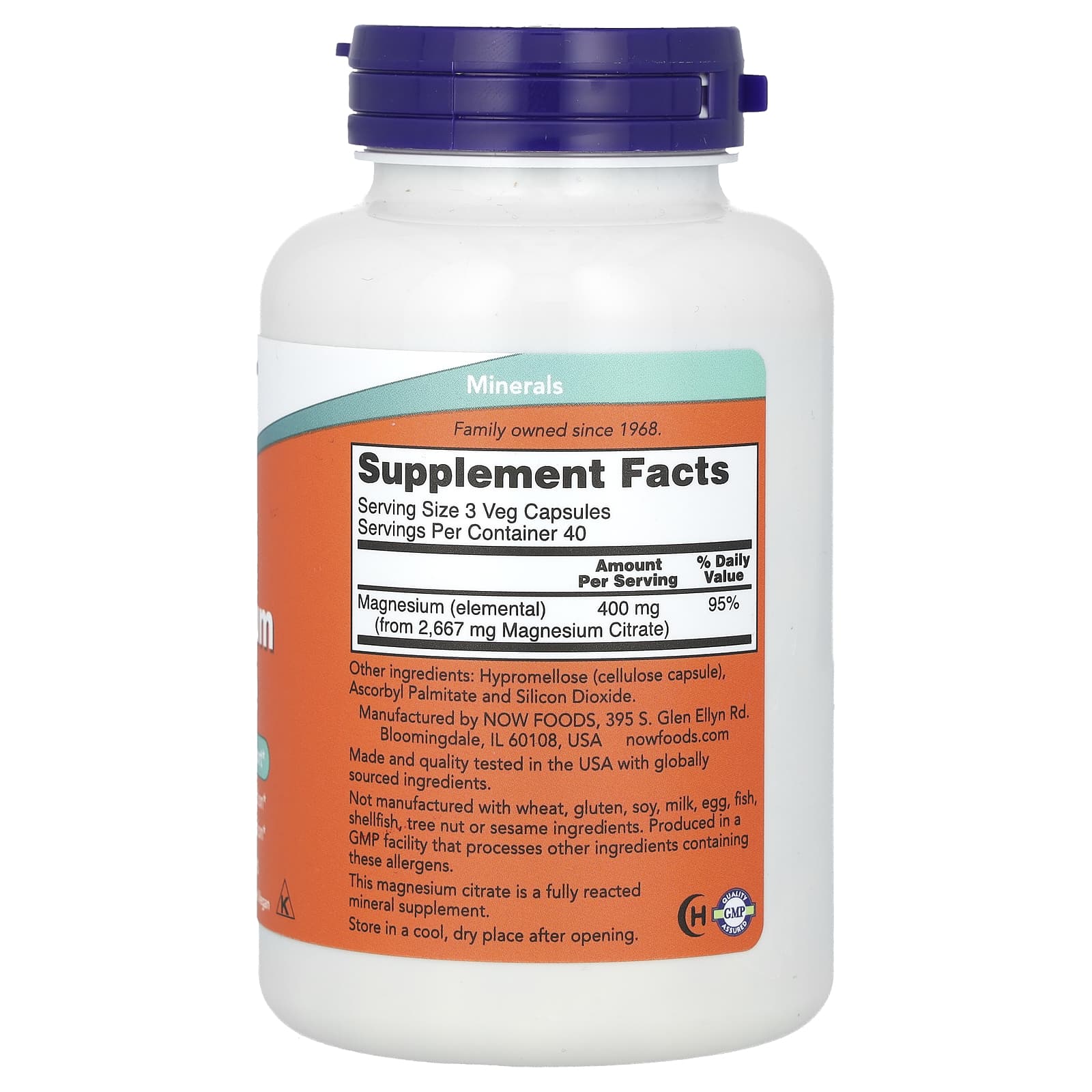 Citrato de Magnésio, 400mg, 120 Cápsulas Vegetais, Now Foods