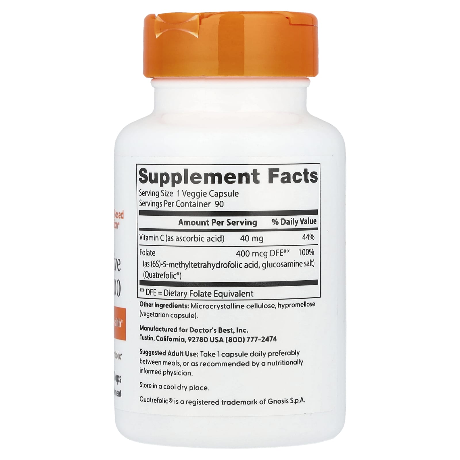 Folato totalmente ativo 400 mcg com Quatrefolic, 90 cápsulas vegetais, Doctor's Best