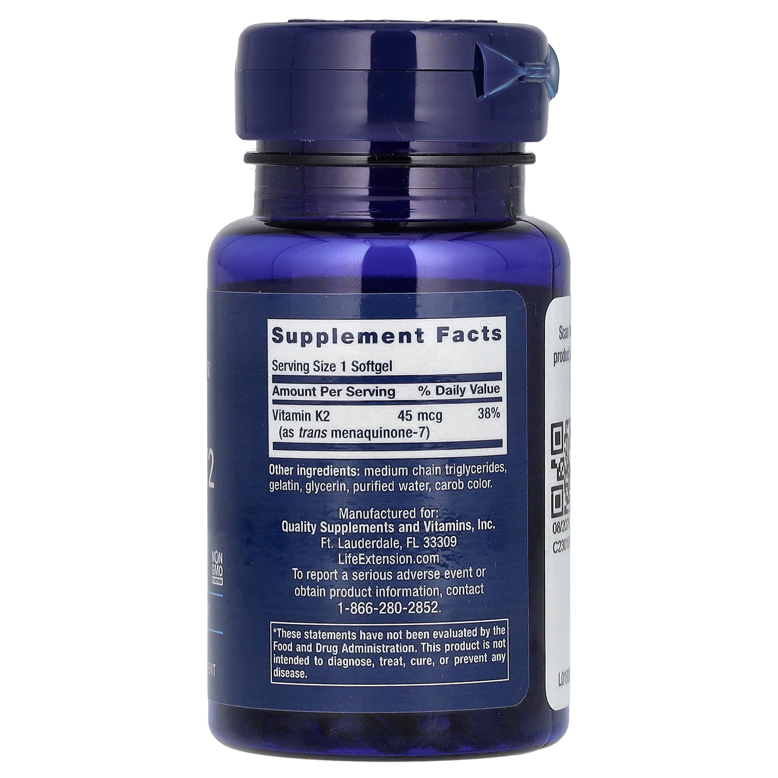 Vitamina K2 (MK-7) de baixa dosagem 45 mcg, 90 cápsulas gelatinosas, Life Extension