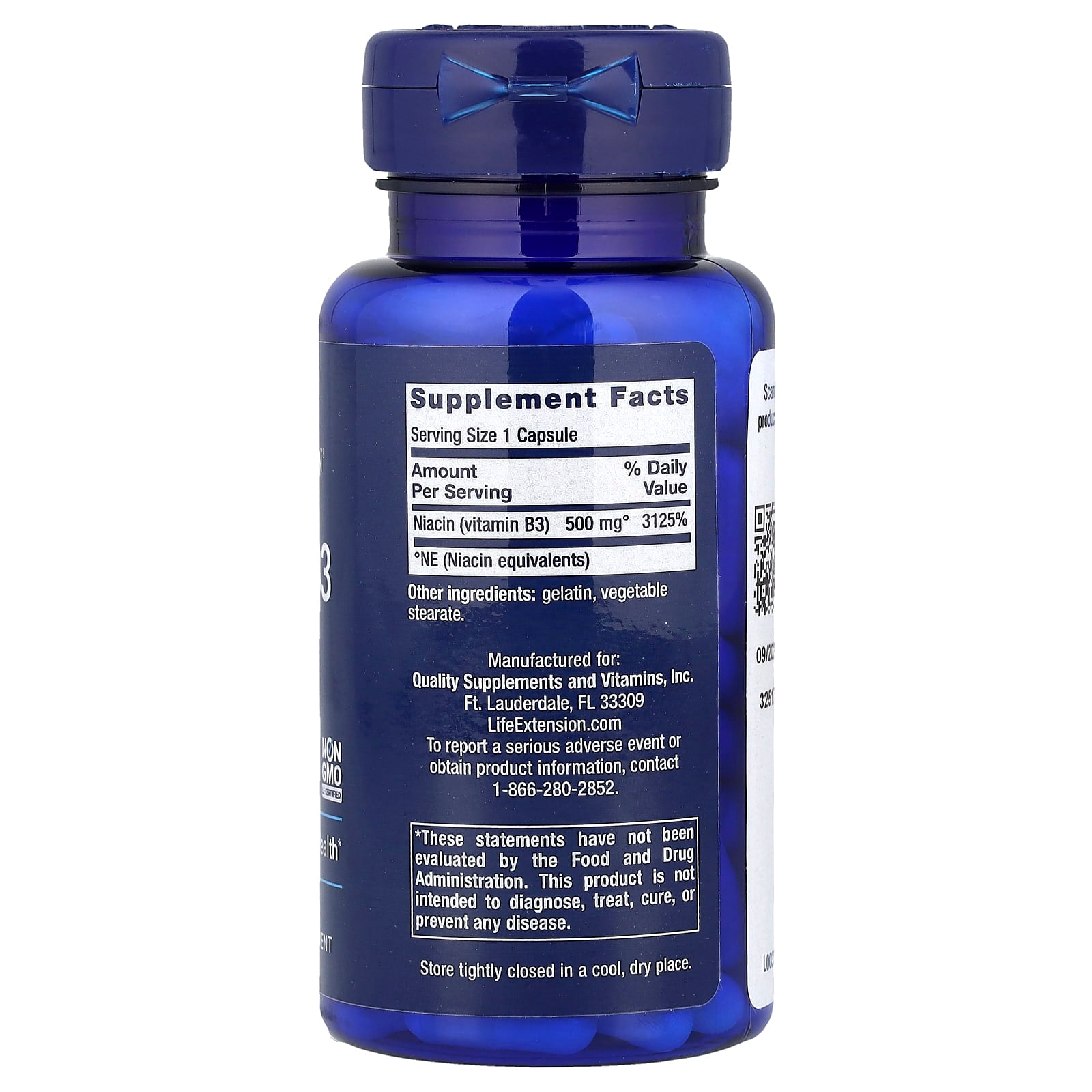 Vitamina B3 Niacina, 500 mg, 100 Cápsulas, Life Extension