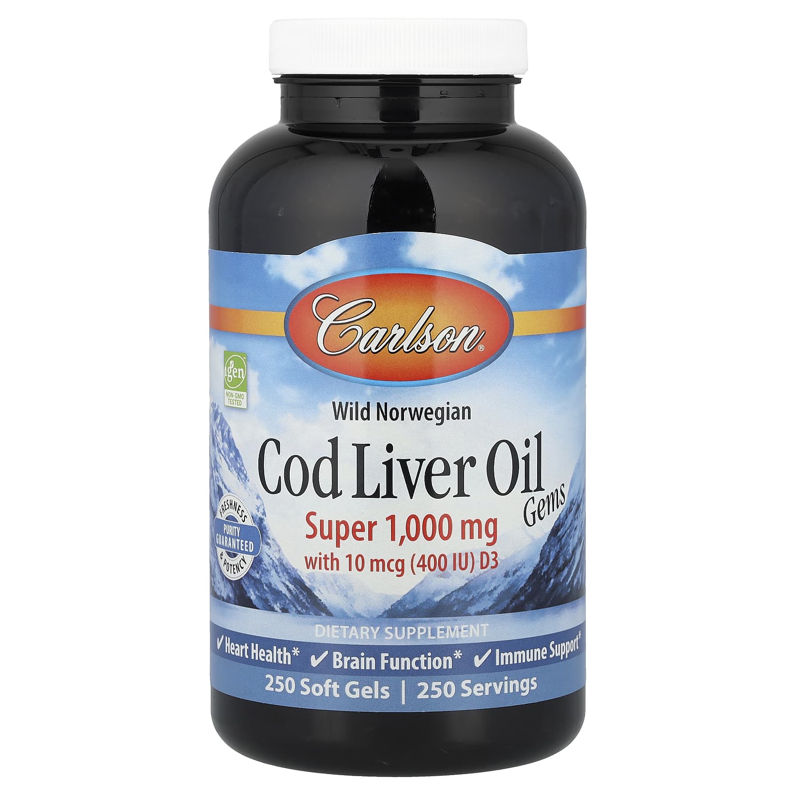 Gemas de óleo de fígado de bacalhau selvagem norueguês - 1000 mg - 250 cápsulas gelatinosas - Carlson Labs
