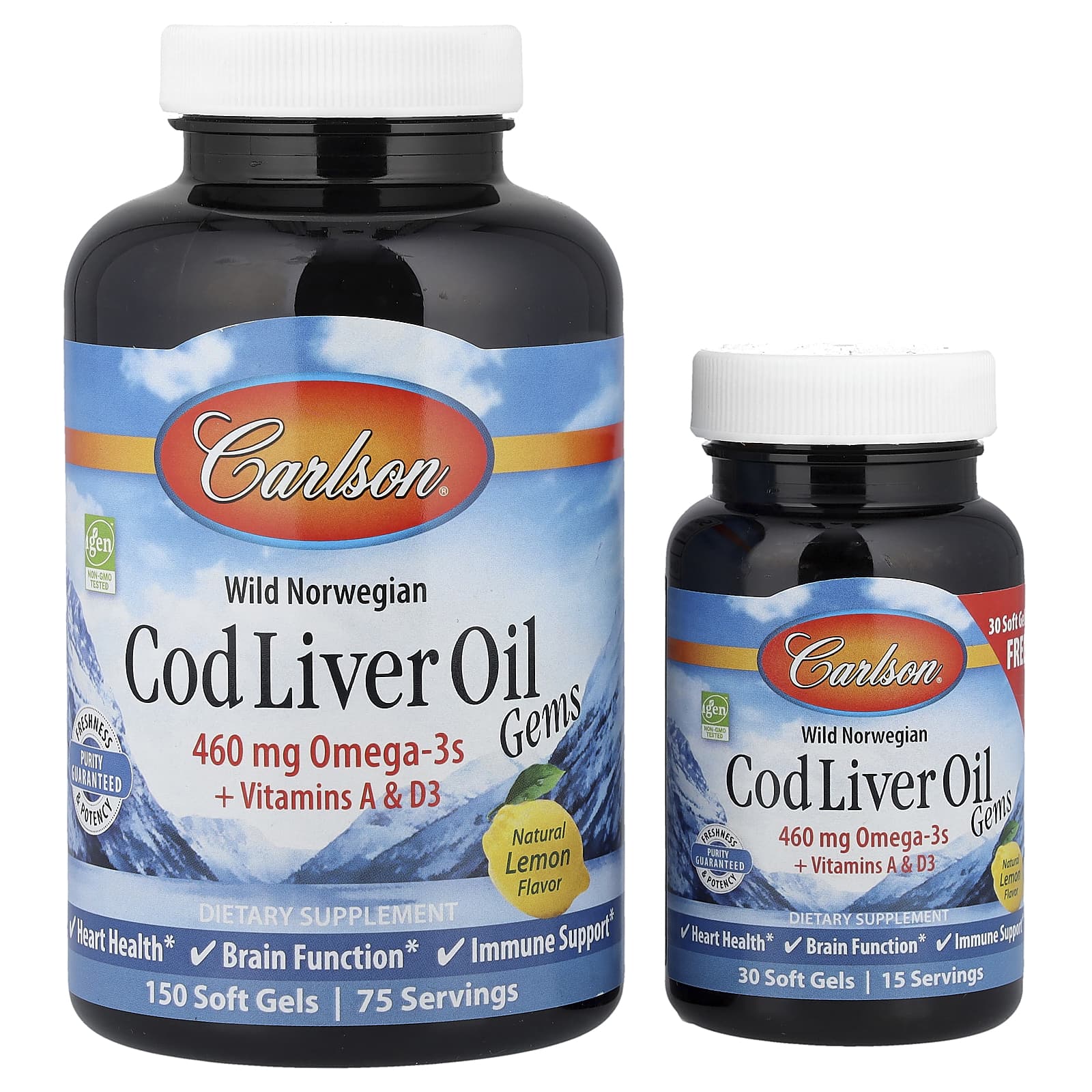 Gemas de óleo de fígado de bacalhau selvagem norueguês - 460 mg - 150 + 30 cápsulas gelatinosas - Carlson Labs