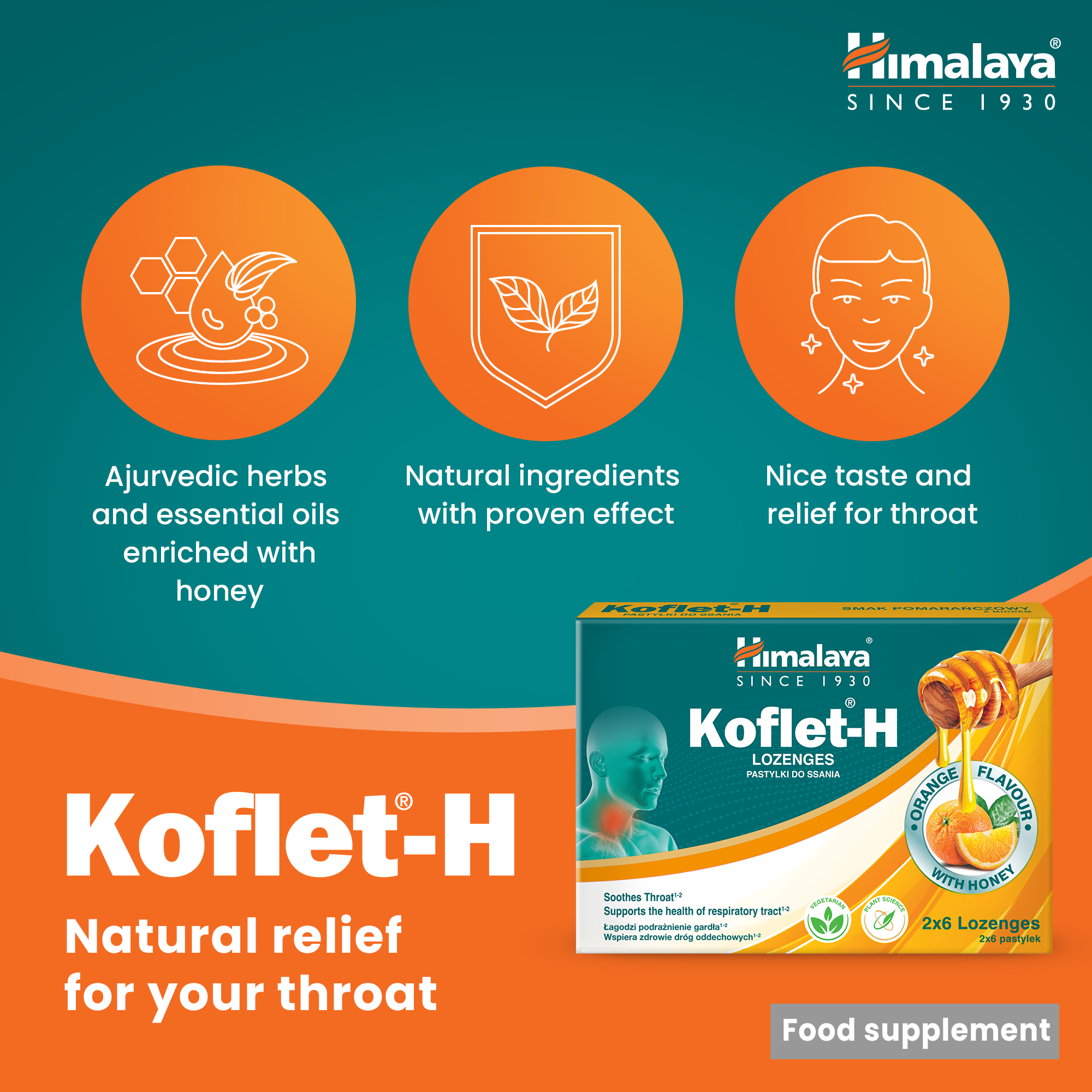 Koflet-H, Laranja - 12 pastilhas - Himalaya