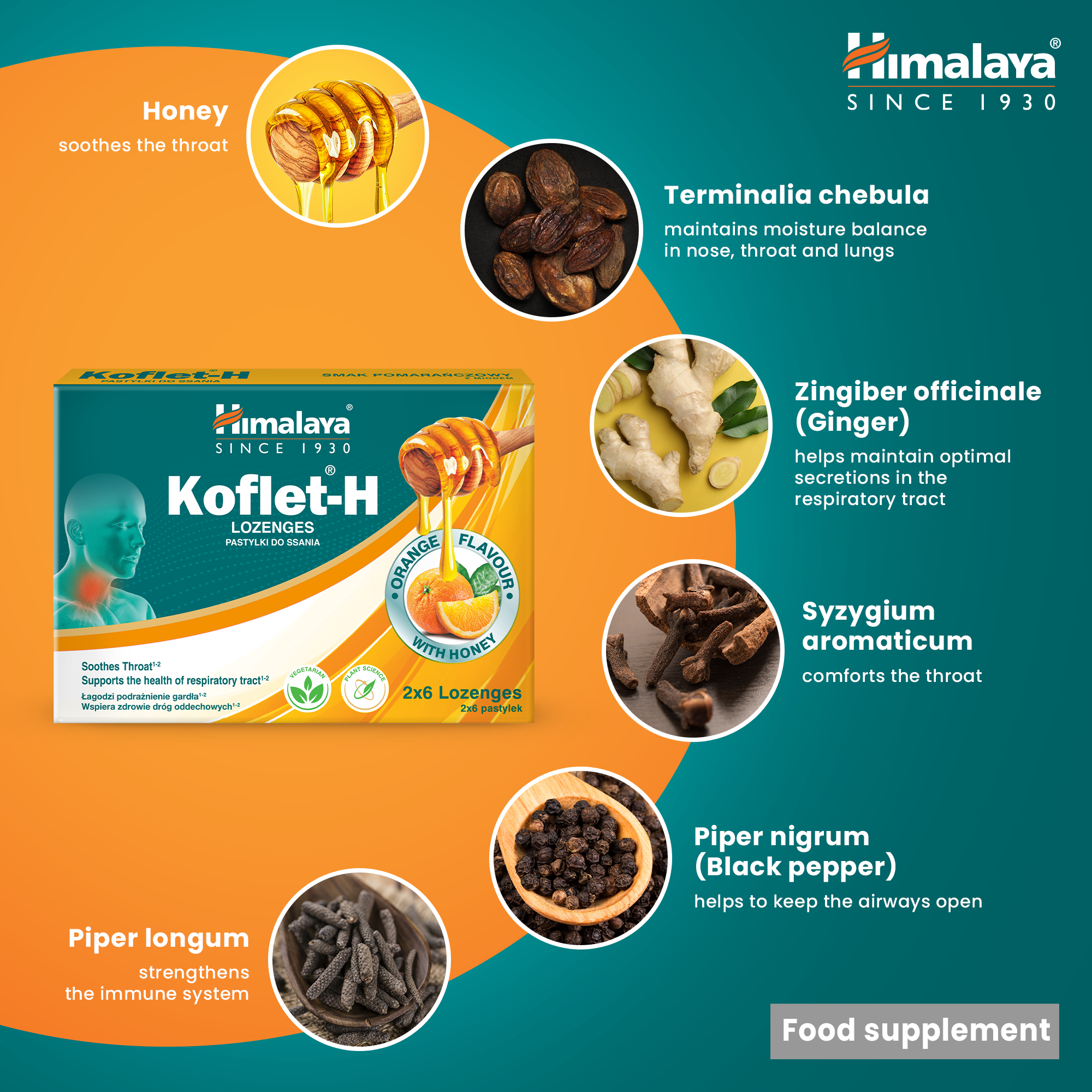 Koflet-H, Laranja - 12 pastilhas - Himalaya