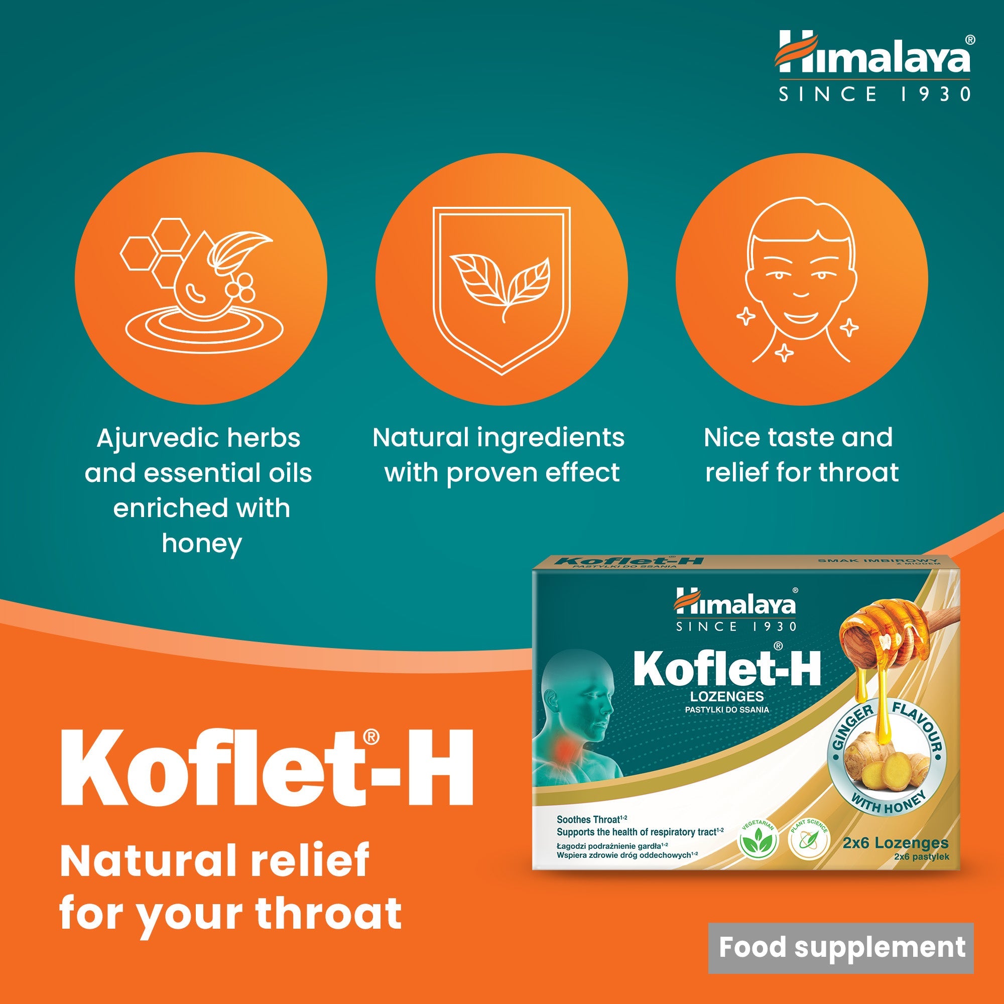 Koflet-H, Gengibre - 12 pastilhas - Himalaya