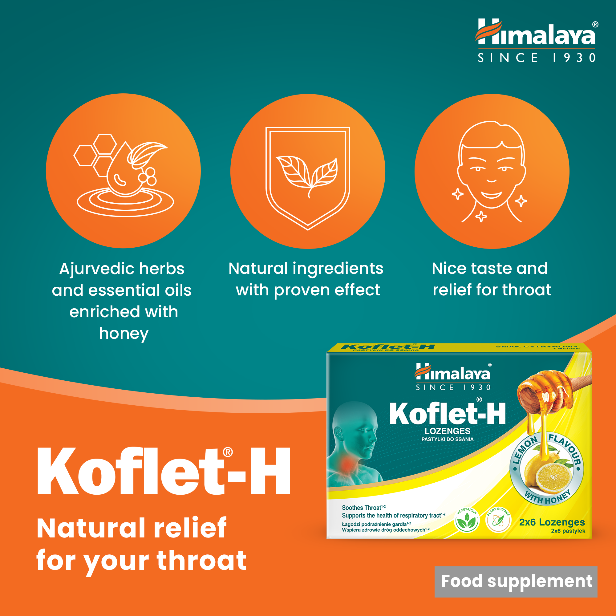 Koflet-H, Limão - 12 pastilhas - Himalaya