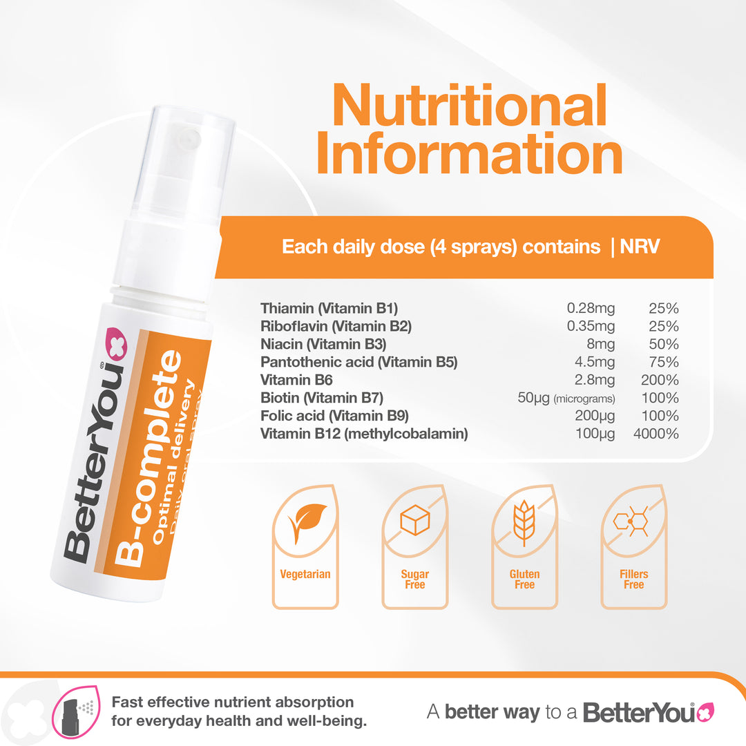 Spray oral diário B-complete, pêssego natural, ameixa e framboesa - 25 ml., BetterYou